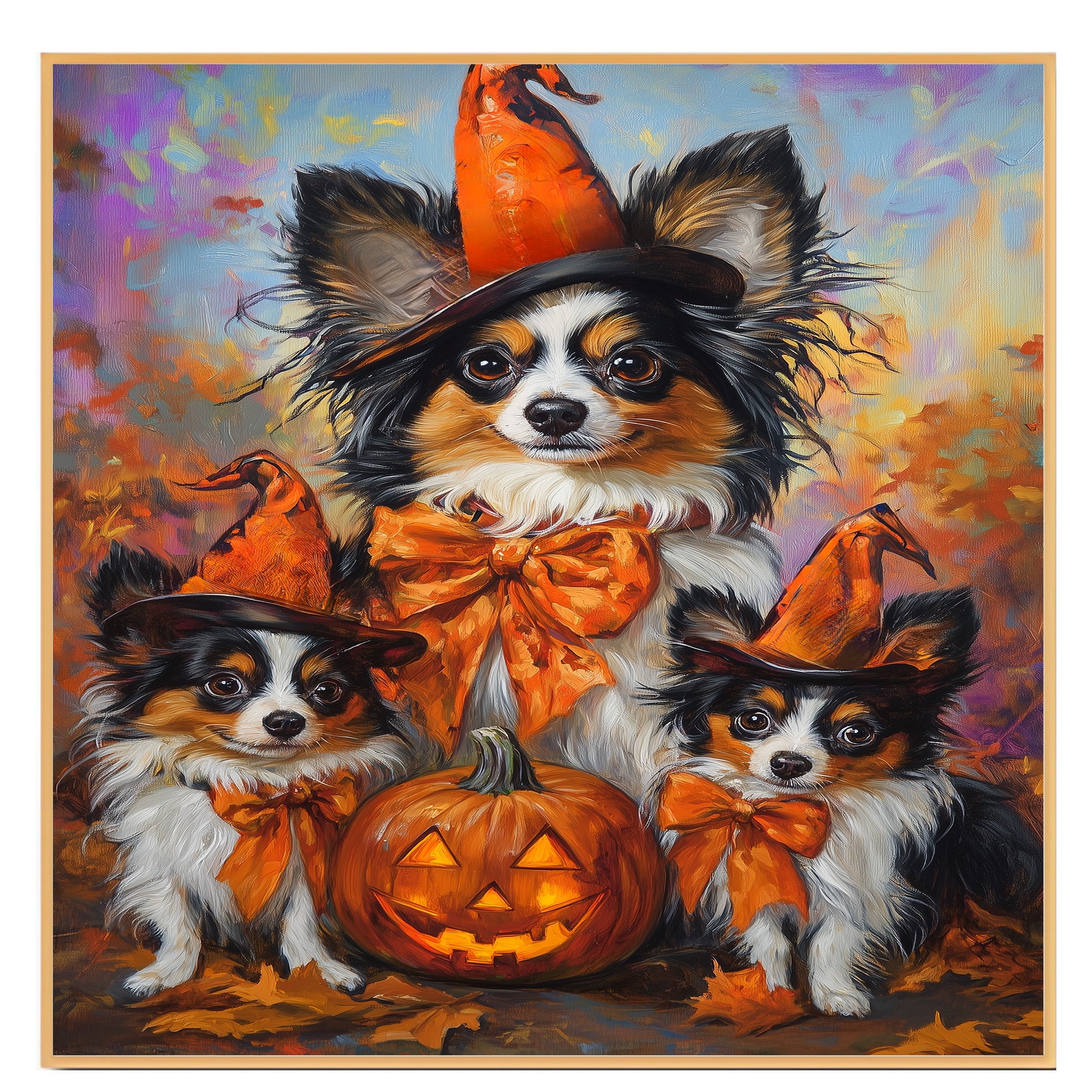 Fall Halloween Papillon Dog Canvas Artwork with Pumpkins Rustic Thanksgiving Wall Decor for Farmhouse and Pet Lovers on Ready to Hang 1.5" Thick Canvas Wrap, Floating Framed Canvas, Flat Rolled Canvas