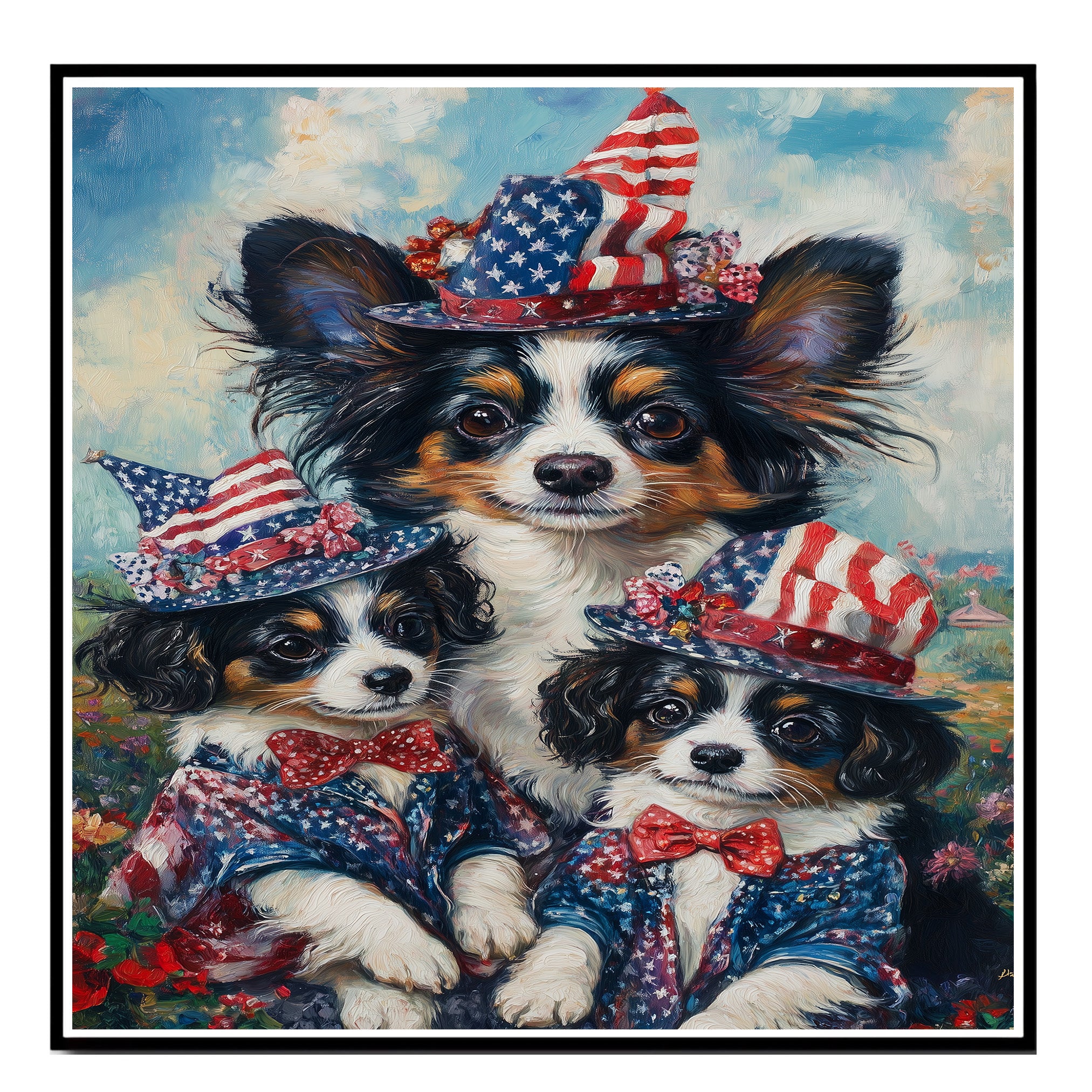 Patriotic Papillon Dogs in American Flag Hats and Suits Celebrating Independence Day with Fireworks and Flowers on Ready to Hang 1.5" Thick Canvas Wrap, Floating Framed Canvas, Flat Rolled Canvas