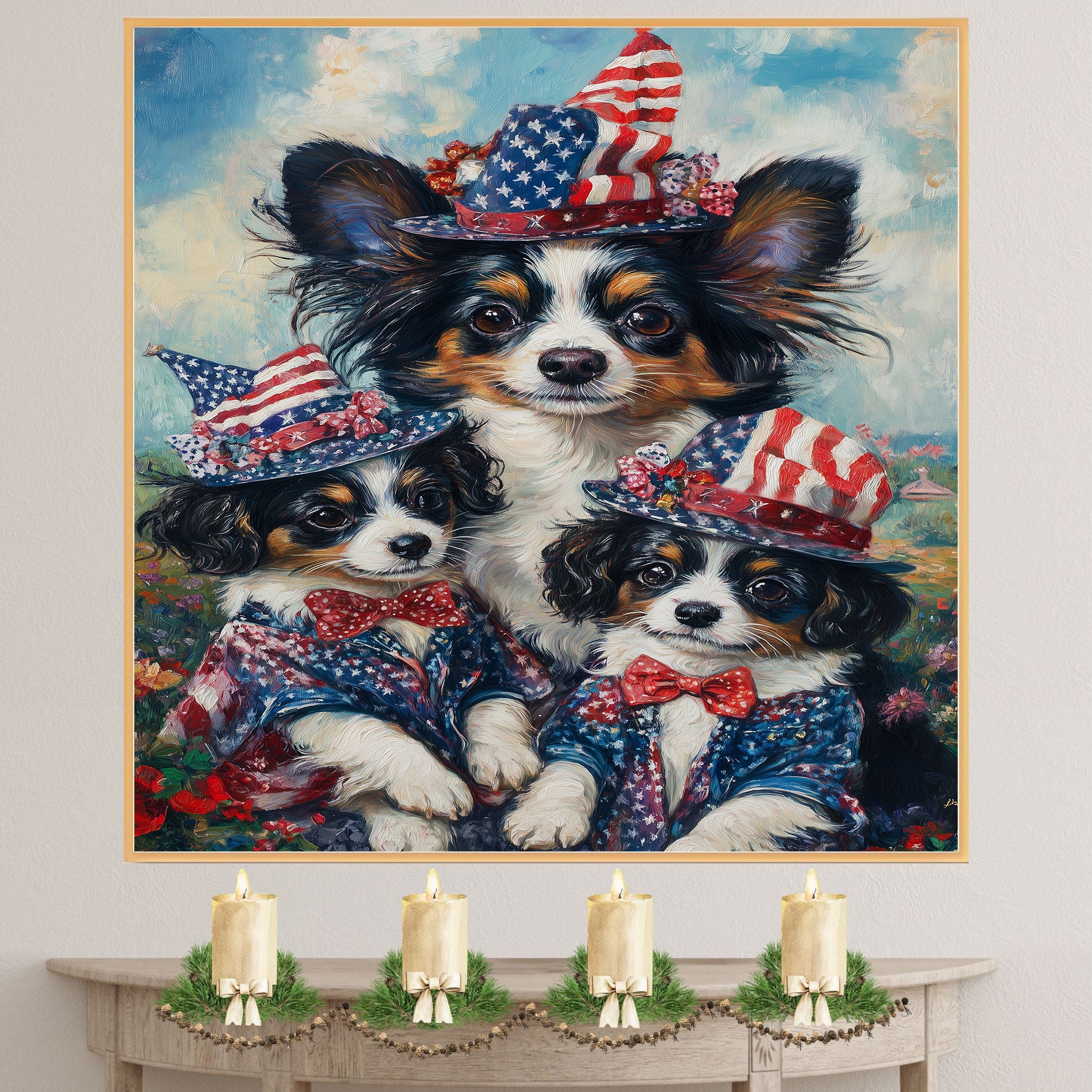 Patriotic Papillon Dogs in American Flag Hats and Suits Celebrating Independence Day with Fireworks and Flowers on Ready to Hang 1.5" Thick Canvas Wrap, Floating Framed Canvas, Flat Rolled Canvas