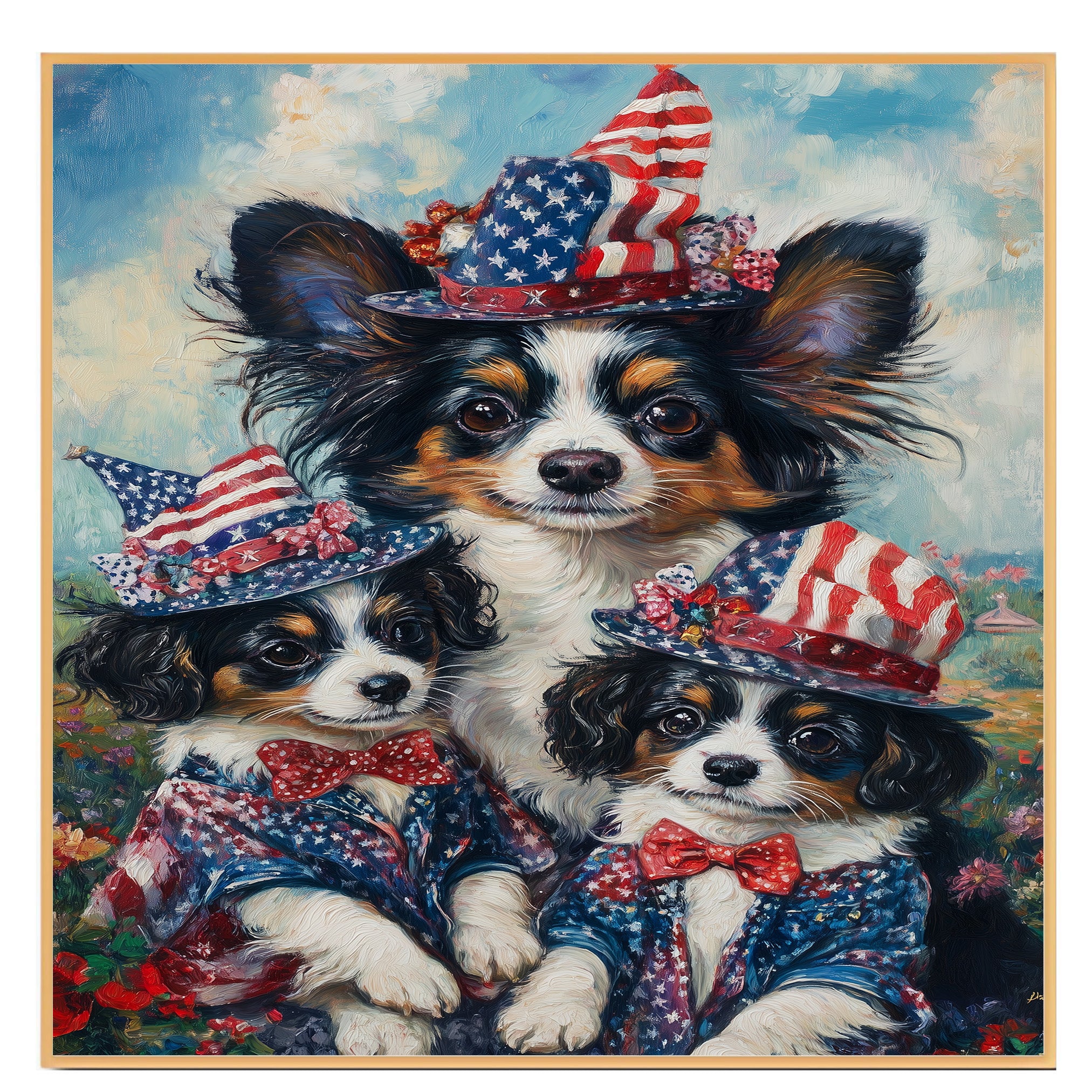 Patriotic Papillon Dogs in American Flag Hats and Suits Celebrating Independence Day with Fireworks and Flowers on Ready to Hang 1.5" Thick Canvas Wrap, Floating Framed Canvas, Flat Rolled Canvas