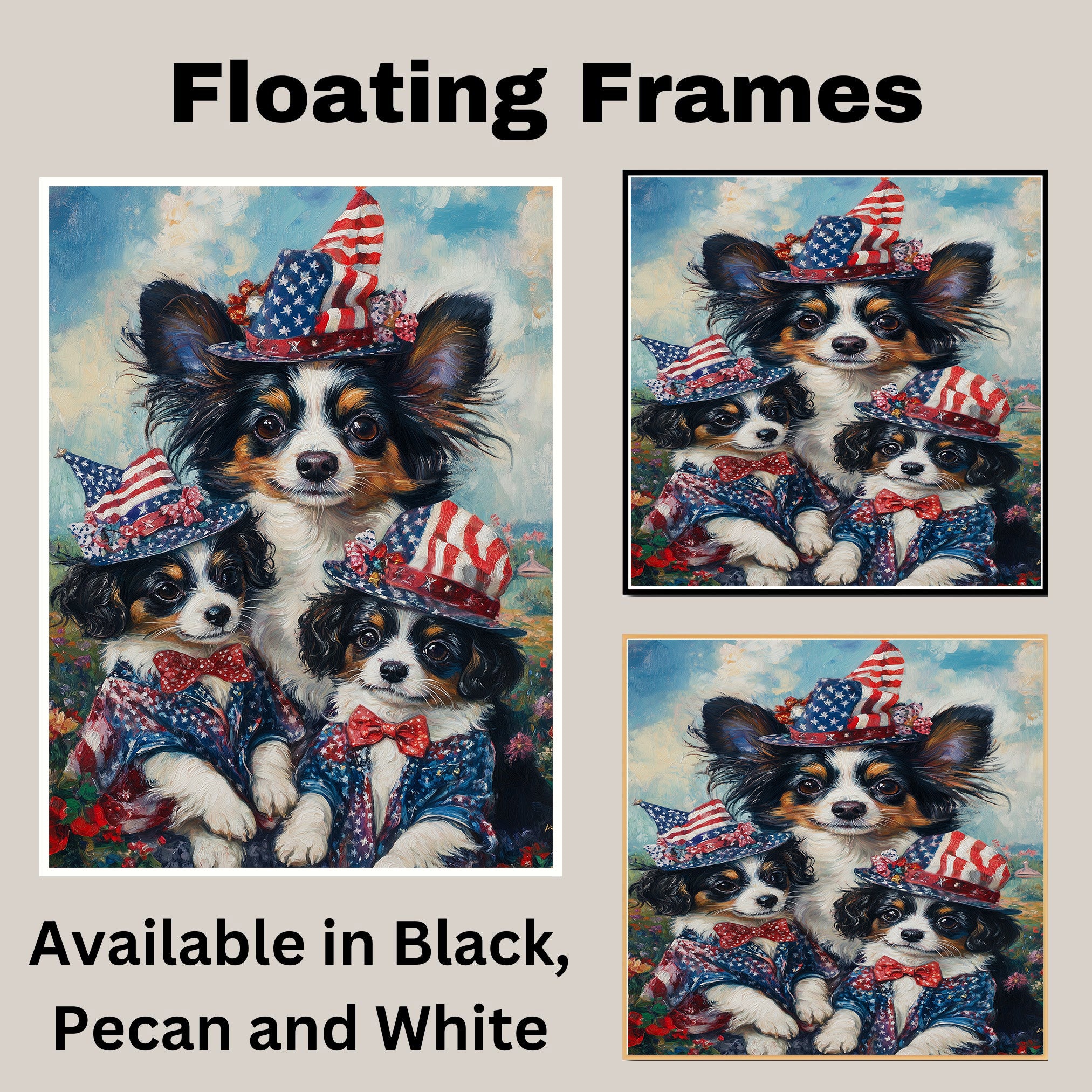 Patriotic Papillon Dogs in American Flag Hats and Suits Celebrating Independence Day with Fireworks and Flowers on Ready to Hang 1.5" Thick Canvas Wrap, Floating Framed Canvas, Flat Rolled Canvas