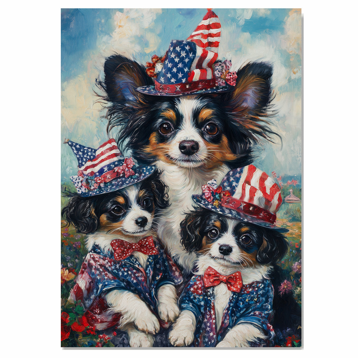 Patriotic Papillon Dogs in American Flag Hats and Suits Celebrating Independence Day with Fireworks and Flowers on Ready to Hang 1.5" Thick Canvas Wrap, Floating Framed Canvas, Flat Rolled Canvas