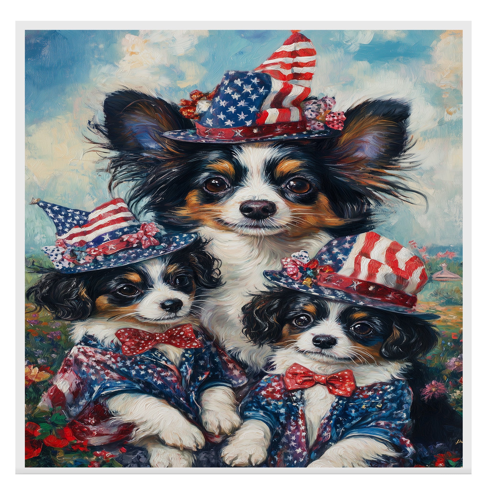 Patriotic Papillon Dogs in American Flag Hats and Suits Celebrating Independence Day with Fireworks and Flowers on Ready to Hang 1.5" Thick Canvas Wrap, Floating Framed Canvas, Flat Rolled Canvas