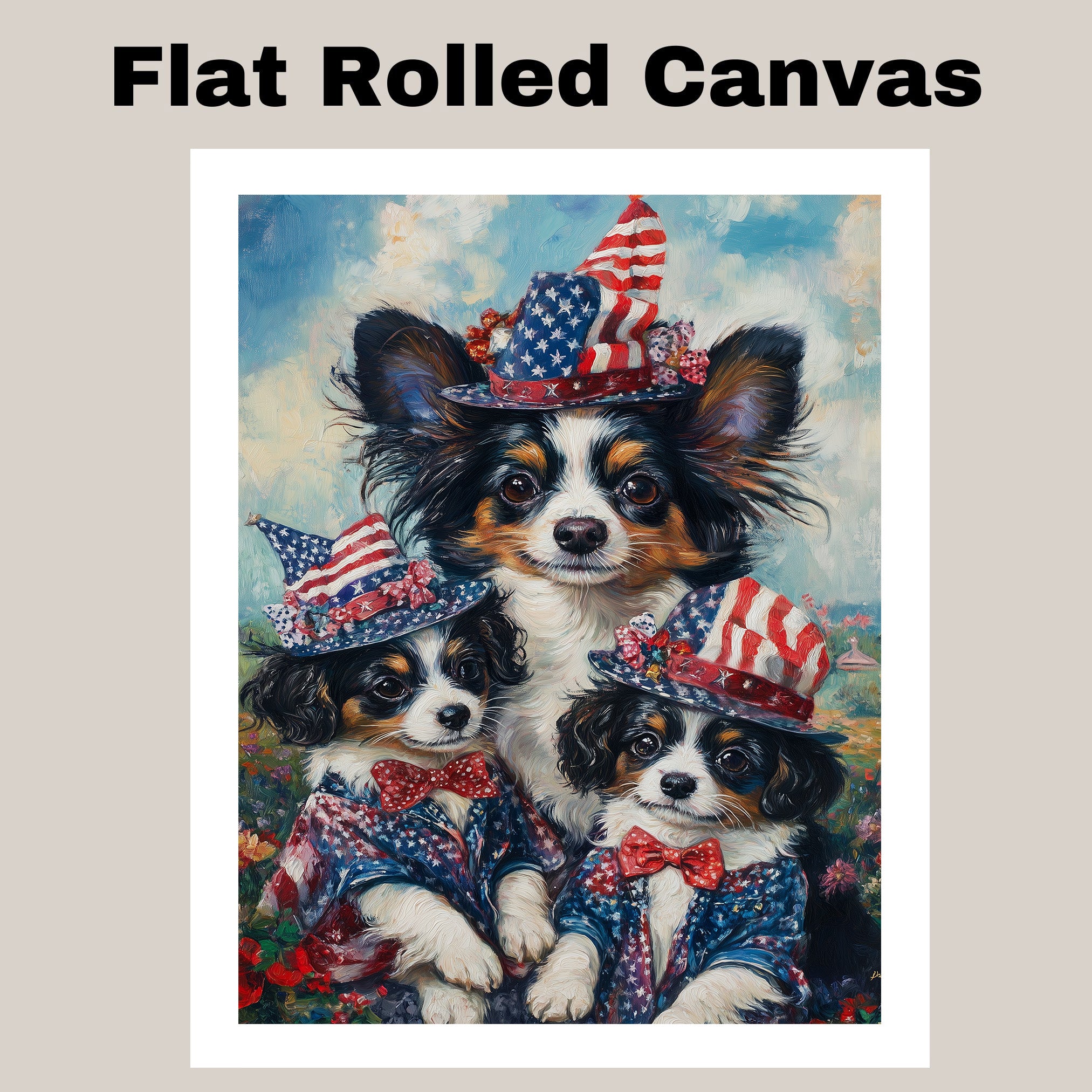 Patriotic Papillon Dogs in American Flag Hats and Suits Celebrating Independence Day with Fireworks and Flowers on Ready to Hang 1.5" Thick Canvas Wrap, Floating Framed Canvas, Flat Rolled Canvas