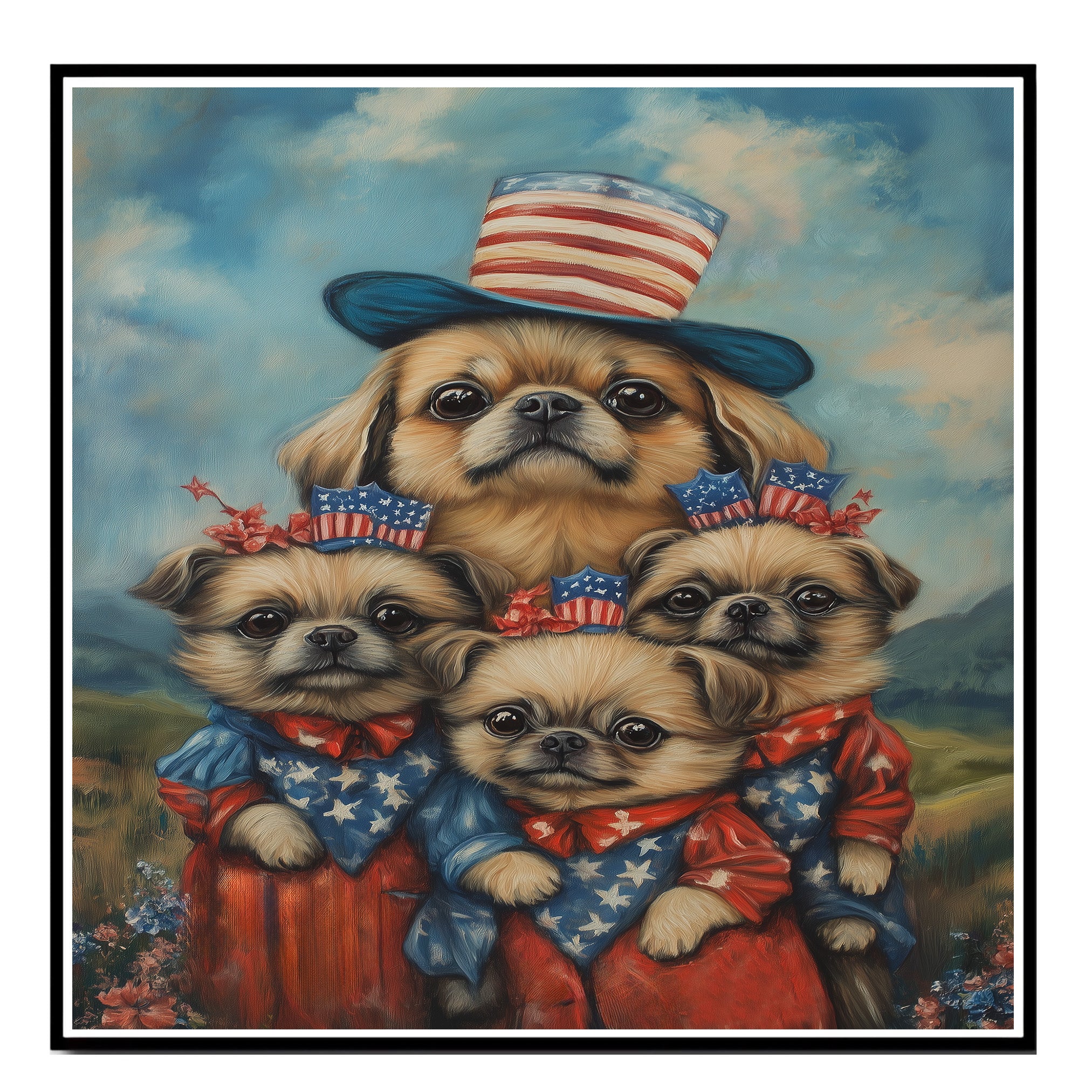 Adorable Pekingese Dogs in Patriotic Outfits Celebrating Fourth of July with American Flag Hats and Starry Dresses on Ready to Hang 1.5" Thick Canvas Wrap, Floating Framed Canvas, Flat Rolled Canvas