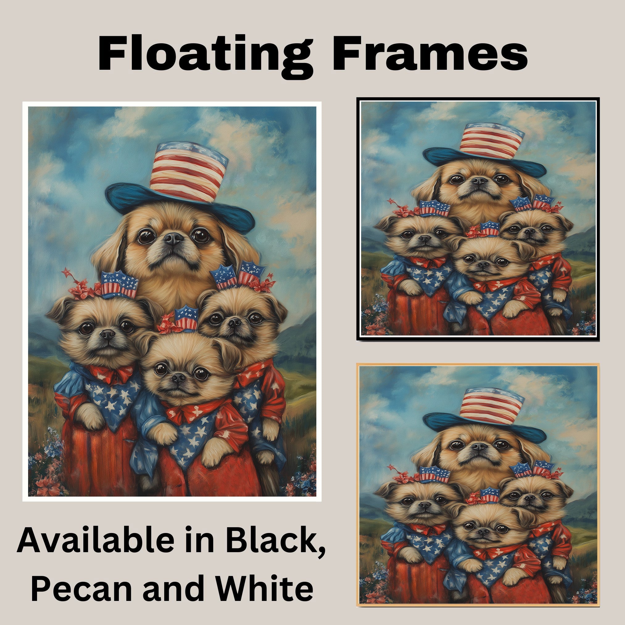 Adorable Pekingese Dogs in Patriotic Outfits Celebrating Fourth of July with American Flag Hats and Starry Dresses on Ready to Hang 1.5" Thick Canvas Wrap, Floating Framed Canvas, Flat Rolled Canvas