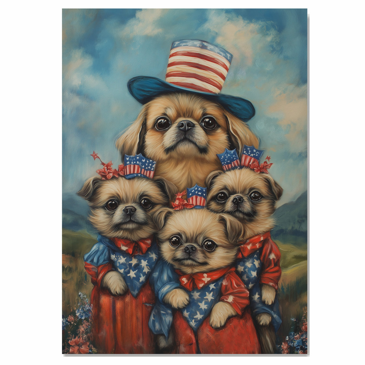 Adorable Pekingese Dogs in Patriotic Outfits Celebrating Fourth of July with American Flag Hats and Starry Dresses on Ready to Hang 1.5" Thick Canvas Wrap, Floating Framed Canvas, Flat Rolled Canvas