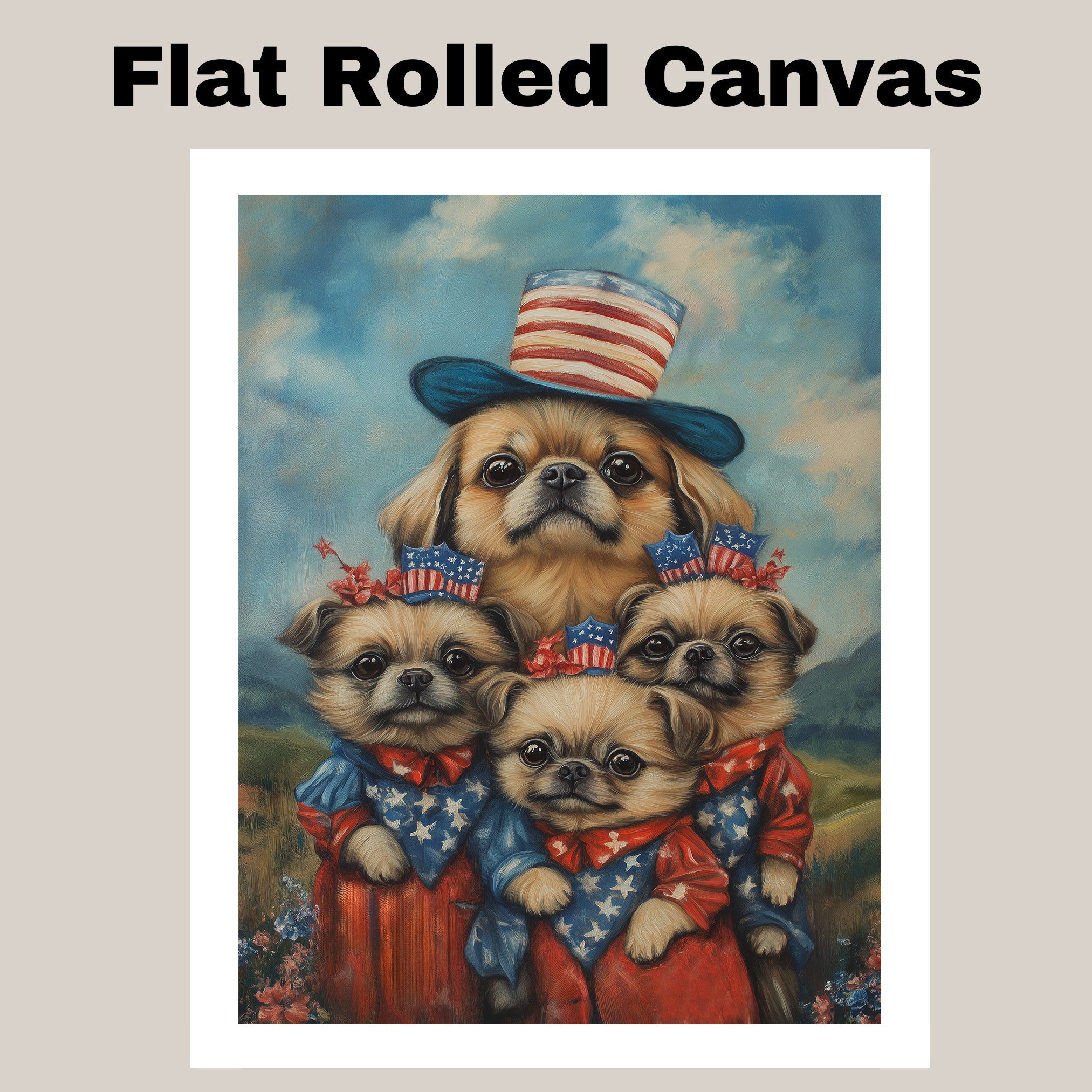Adorable Pekingese Dogs in Patriotic Outfits Celebrating Fourth of July with American Flag Hats and Starry Dresses on Ready to Hang 1.5" Thick Canvas Wrap, Floating Framed Canvas, Flat Rolled Canvas