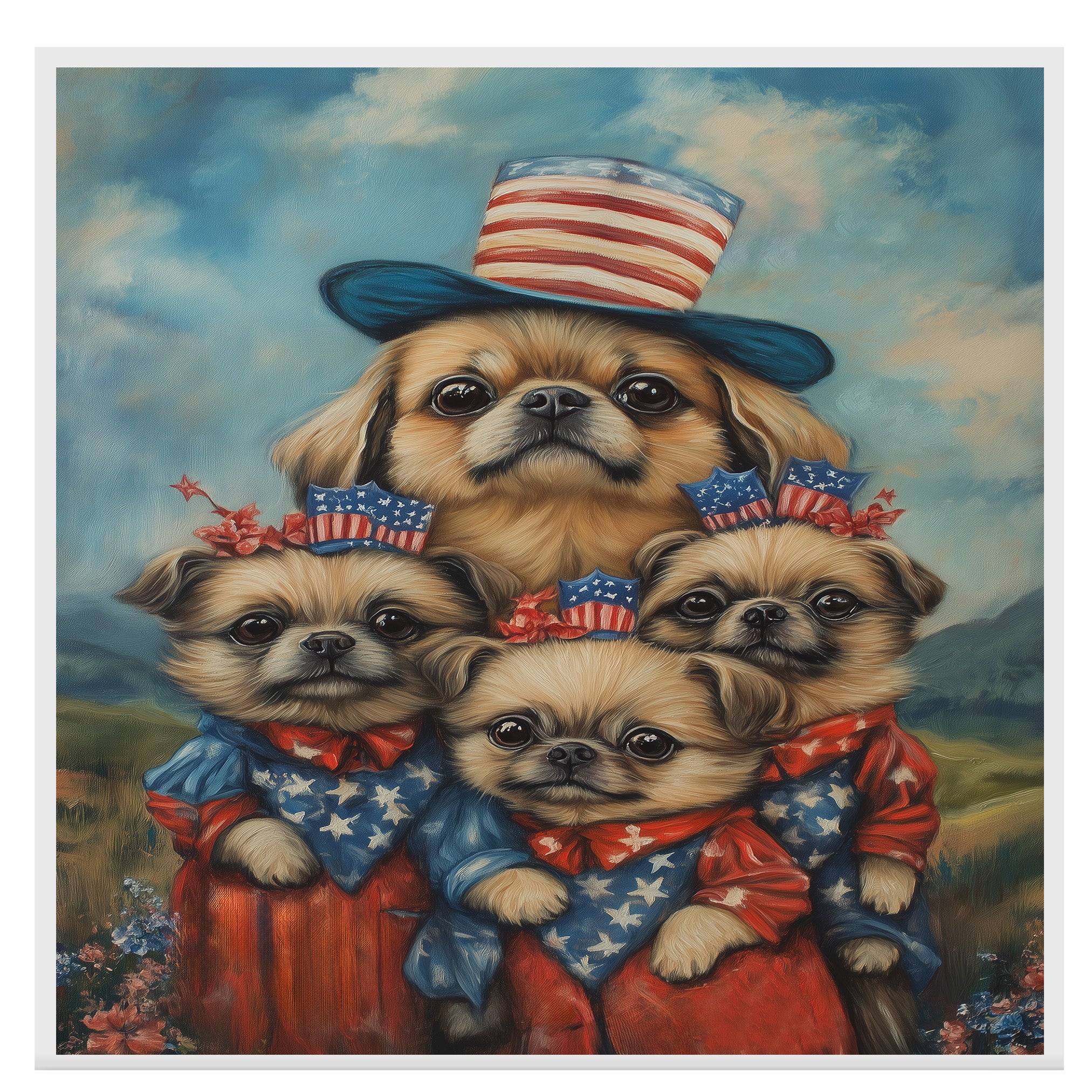 Adorable Pekingese Dogs in Patriotic Outfits Celebrating Fourth of July with American Flag Hats and Starry Dresses on Ready to Hang 1.5" Thick Canvas Wrap, Floating Framed Canvas, Flat Rolled Canvas