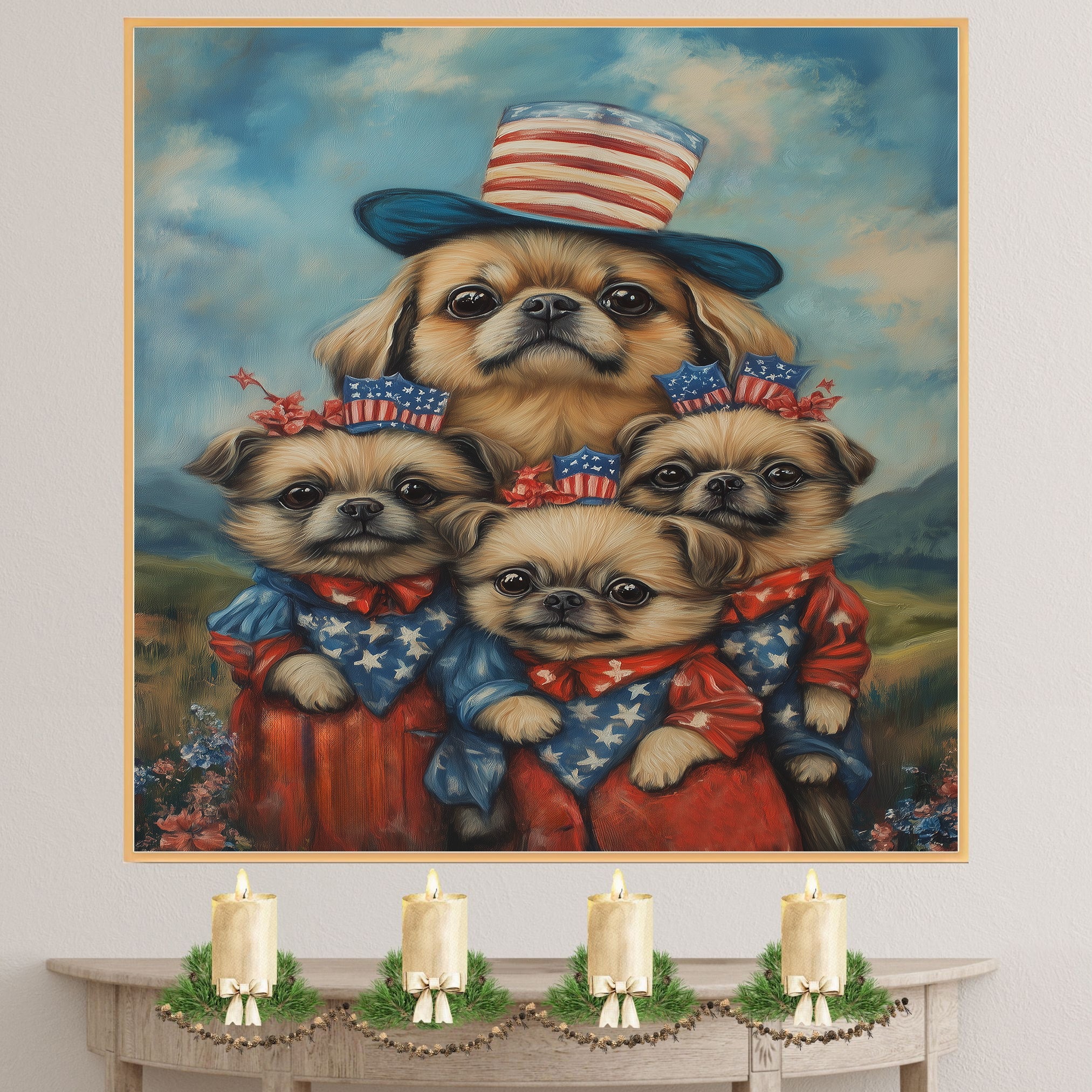 Adorable Pekingese Dogs in Patriotic Outfits Celebrating Fourth of July with American Flag Hats and Starry Dresses on Ready to Hang 1.5" Thick Canvas Wrap, Floating Framed Canvas, Flat Rolled Canvas