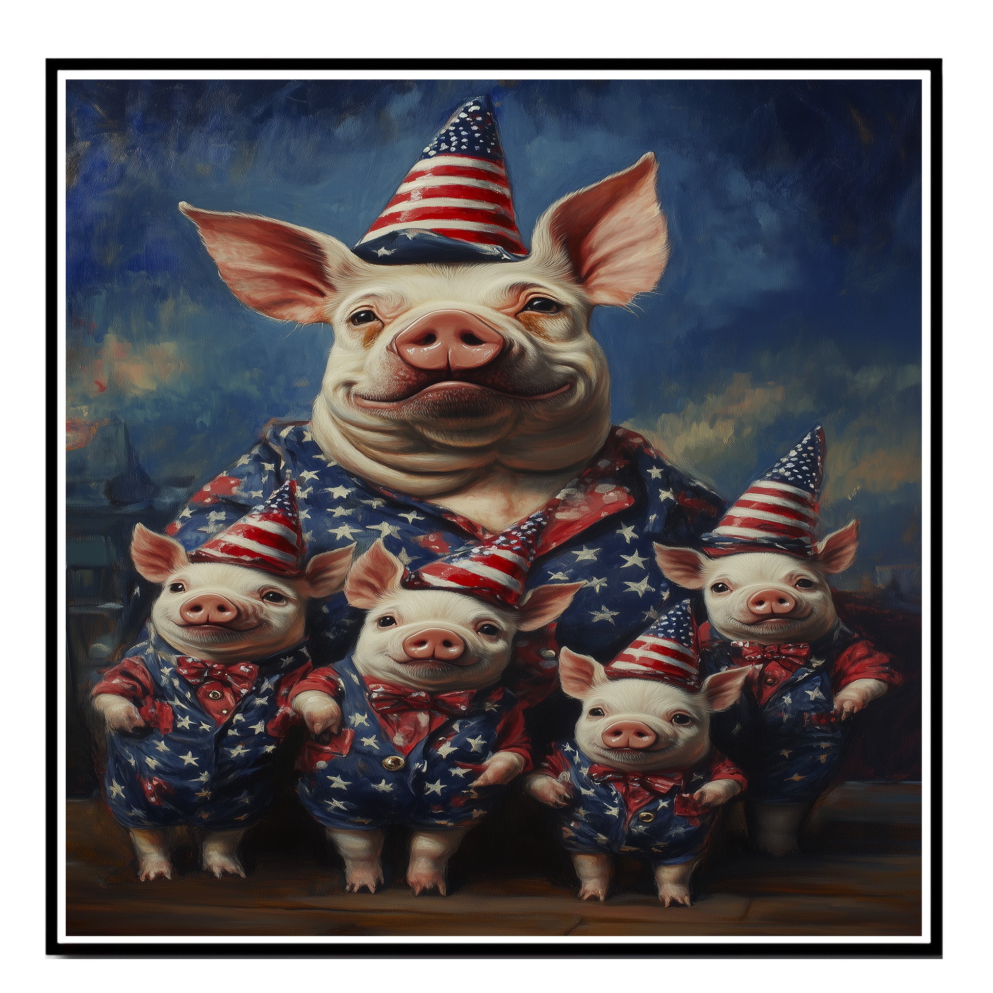 Patriotic Pig Family Dressed in American Flag Outfits with Hats and Bowties Celebrating Independence Day with Joy on Ready to Hang 1.5" Thick Canvas Wrap, Floating Framed Canvas, Flat Rolled Canvas