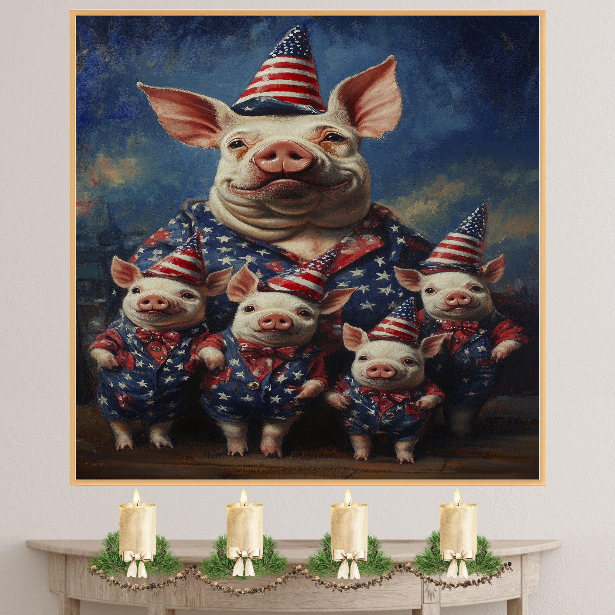 Patriotic Pig Family Dressed in American Flag Outfits with Hats and Bowties Celebrating Independence Day with Joy on Ready to Hang 1.5" Thick Canvas Wrap, Floating Framed Canvas, Flat Rolled Canvas
