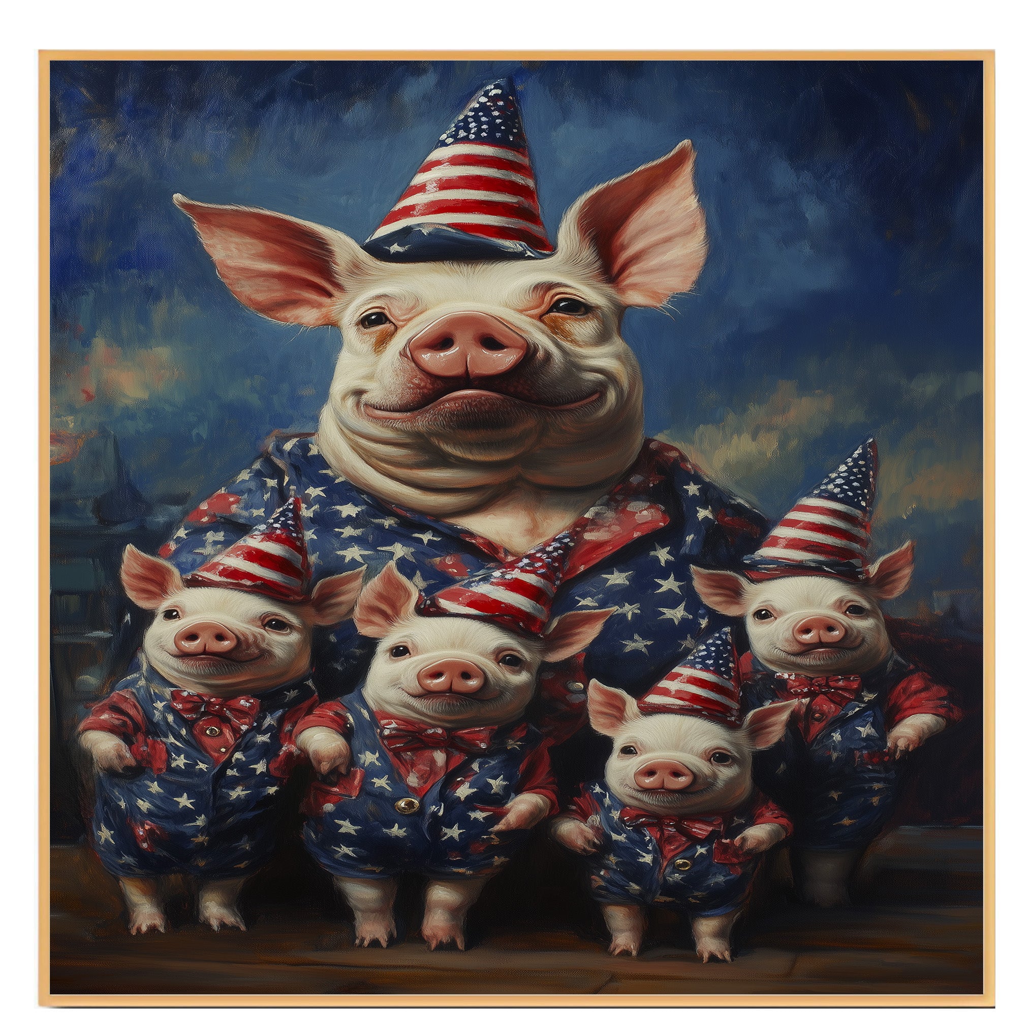 Patriotic Pig Family Dressed in American Flag Outfits with Hats and Bowties Celebrating Independence Day with Joy on Ready to Hang 1.5" Thick Canvas Wrap, Floating Framed Canvas, Flat Rolled Canvas