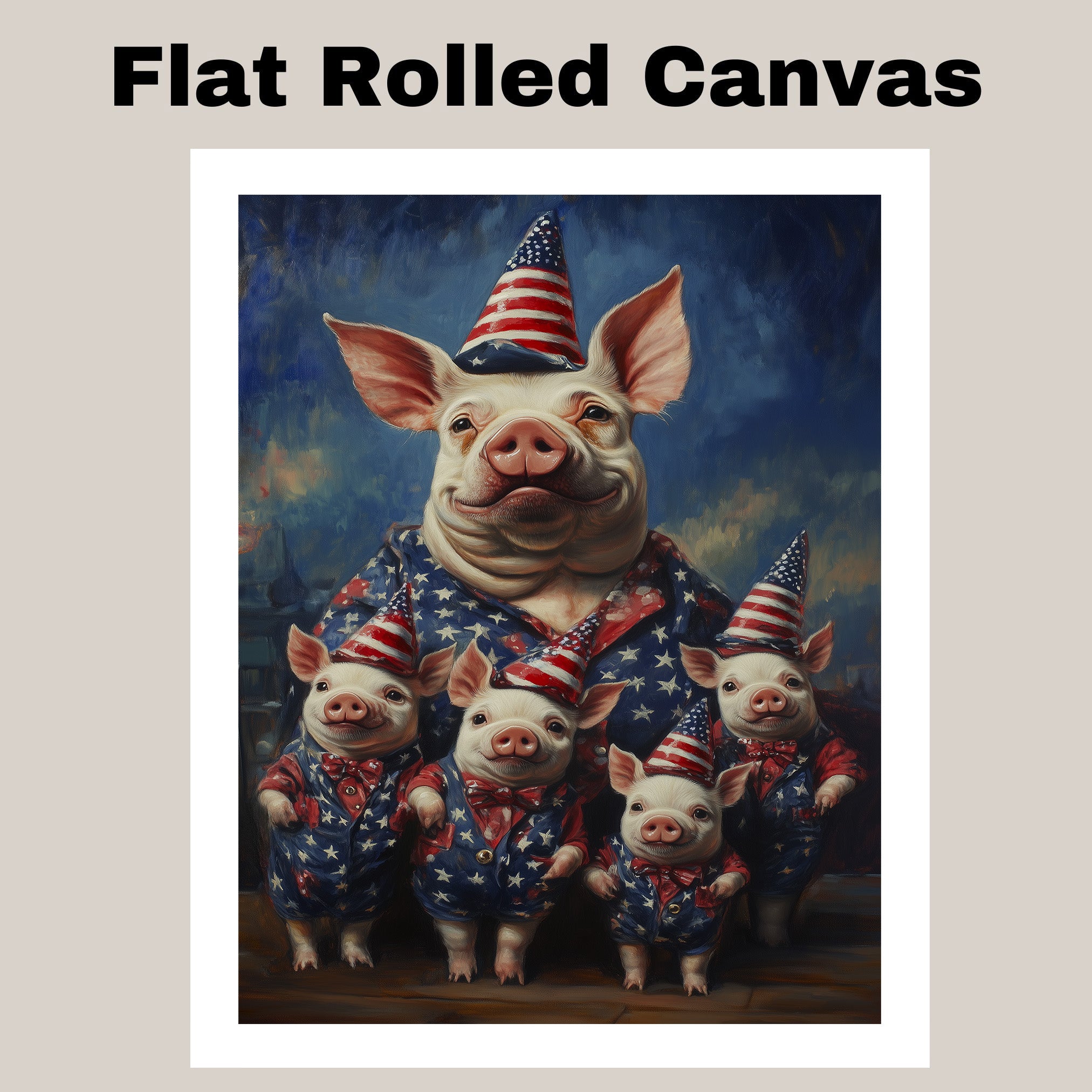 Patriotic Pig Family Dressed in American Flag Outfits with Hats and Bowties Celebrating Independence Day with Joy on Ready to Hang 1.5" Thick Canvas Wrap, Floating Framed Canvas, Flat Rolled Canvas