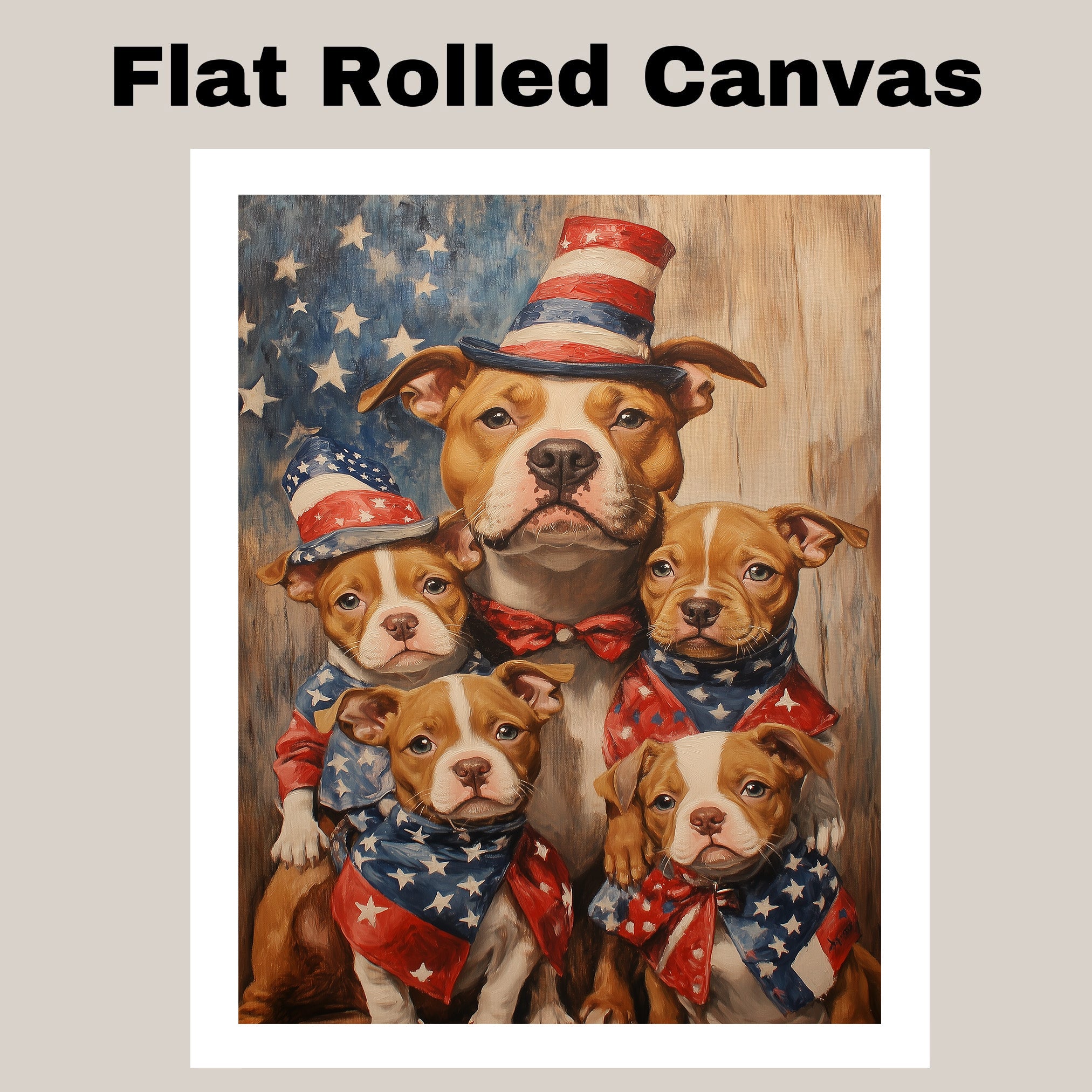 Patriotic Pitbull Dog Family in Stars and Stripes Outfits with Hats and Bandanas Celebrating Fourth of July on Ready to Hang 1.5" Thick Canvas Wrap, Floating Framed Canvas, Flat Rolled Canvas