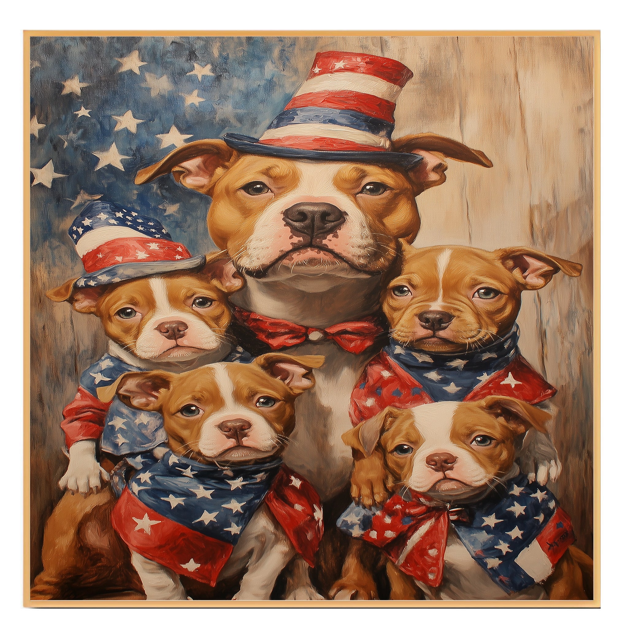 Patriotic Pitbull Dog Family in Stars and Stripes Outfits with Hats and Bandanas Celebrating Fourth of July on Ready to Hang 1.5" Thick Canvas Wrap, Floating Framed Canvas, Flat Rolled Canvas