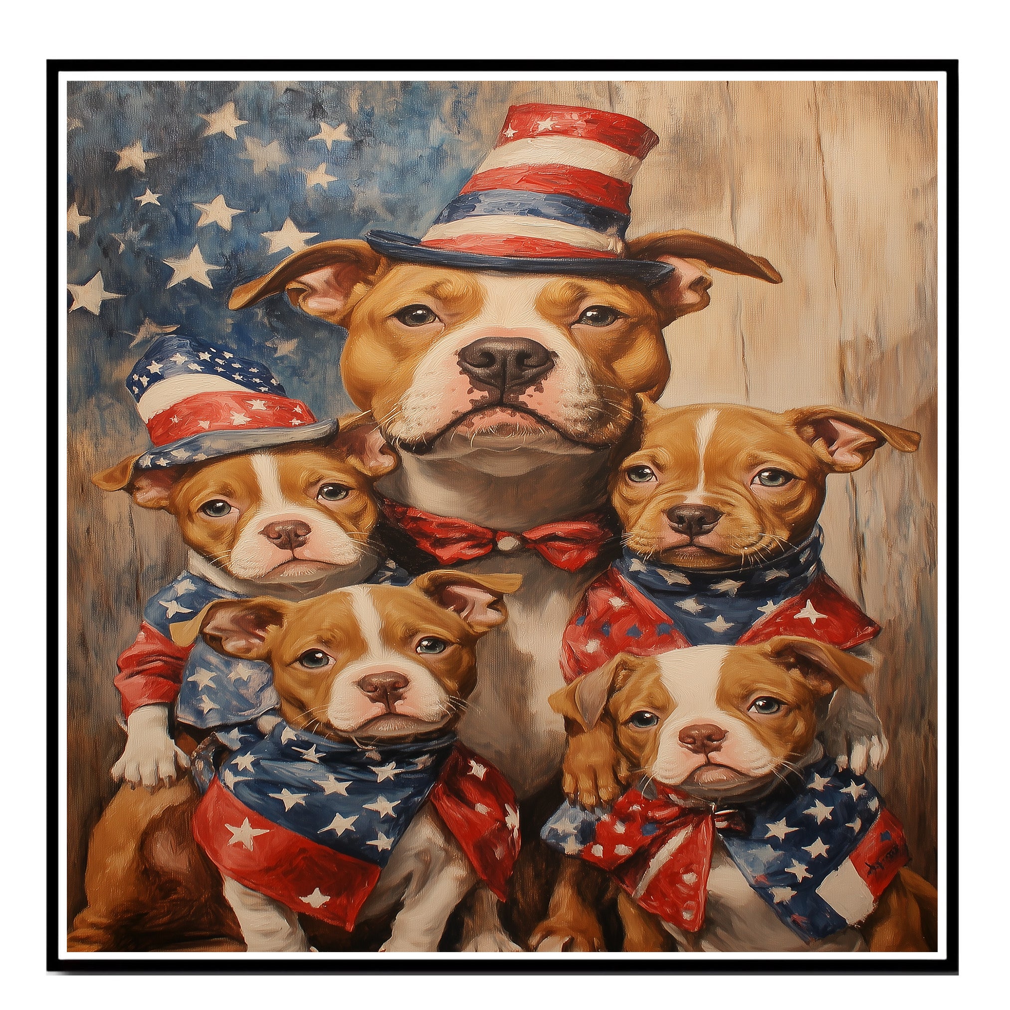 Patriotic Pitbull Dog Family in Stars and Stripes Outfits with Hats and Bandanas Celebrating Fourth of July on Ready to Hang 1.5" Thick Canvas Wrap, Floating Framed Canvas, Flat Rolled Canvas