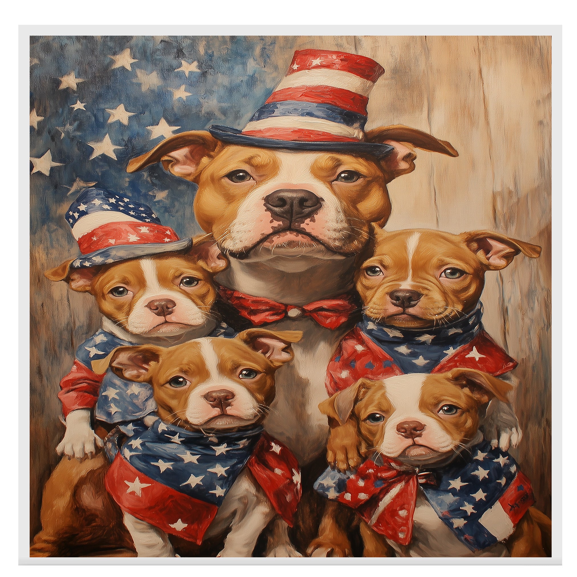 Patriotic Pitbull Dog Family in Stars and Stripes Outfits with Hats and Bandanas Celebrating Fourth of July on Ready to Hang 1.5" Thick Canvas Wrap, Floating Framed Canvas, Flat Rolled Canvas