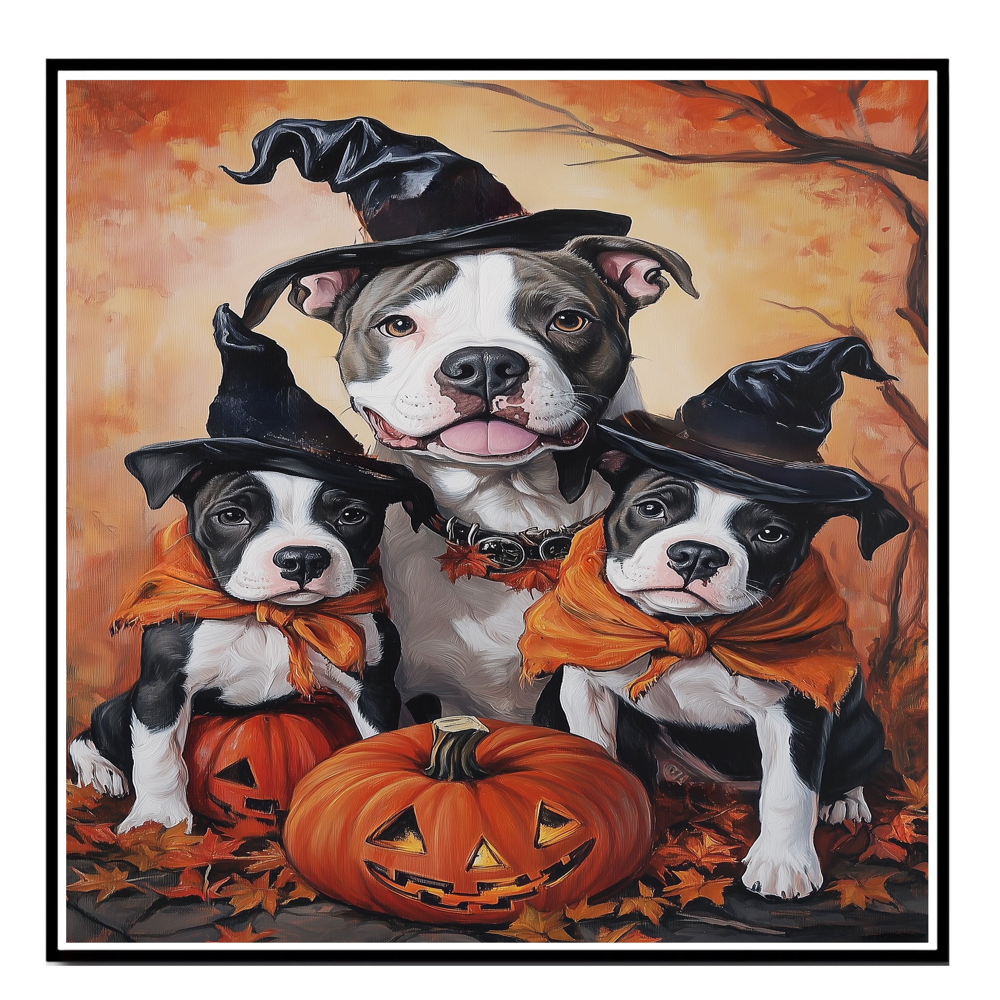 Pitbull Dog Halloween Canvas Wall Art with Pumpkins Autumn Home Decoration and Thanksgiving Gift for Pet Lovers on Ready to Hang 1.5" Thick Canvas Wrap, Floating Framed Canvas, Flat Rolled Canvas