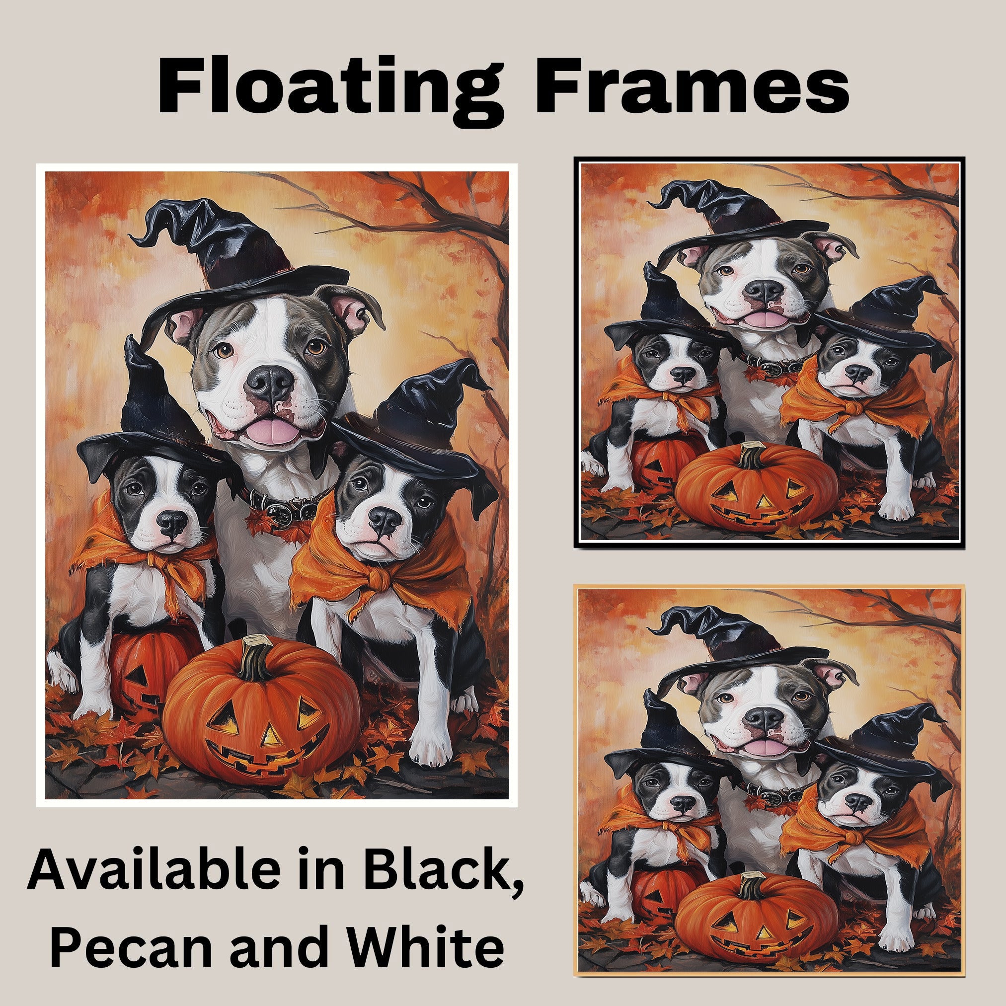 Pitbull Dog Halloween Canvas Wall Art with Pumpkins Autumn Home Decoration and Thanksgiving Gift for Pet Lovers on Ready to Hang 1.5" Thick Canvas Wrap, Floating Framed Canvas, Flat Rolled Canvas