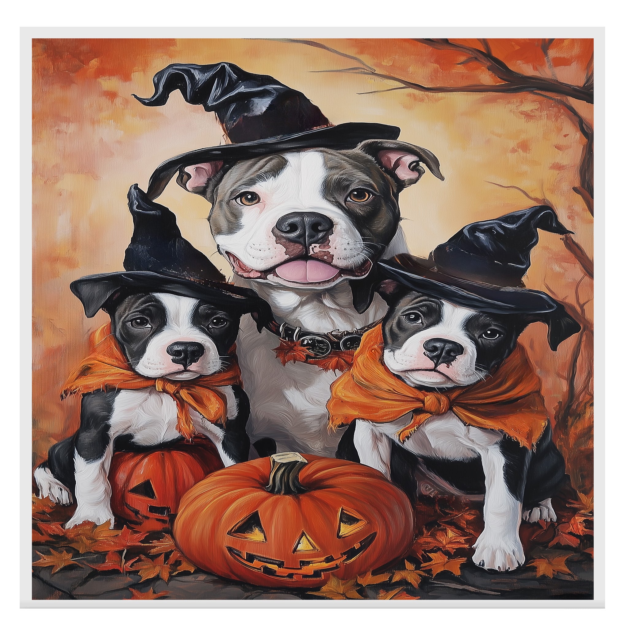 Pitbull Dog Halloween Canvas Wall Art with Pumpkins Autumn Home Decoration and Thanksgiving Gift for Pet Lovers on Ready to Hang 1.5" Thick Canvas Wrap, Floating Framed Canvas, Flat Rolled Canvas