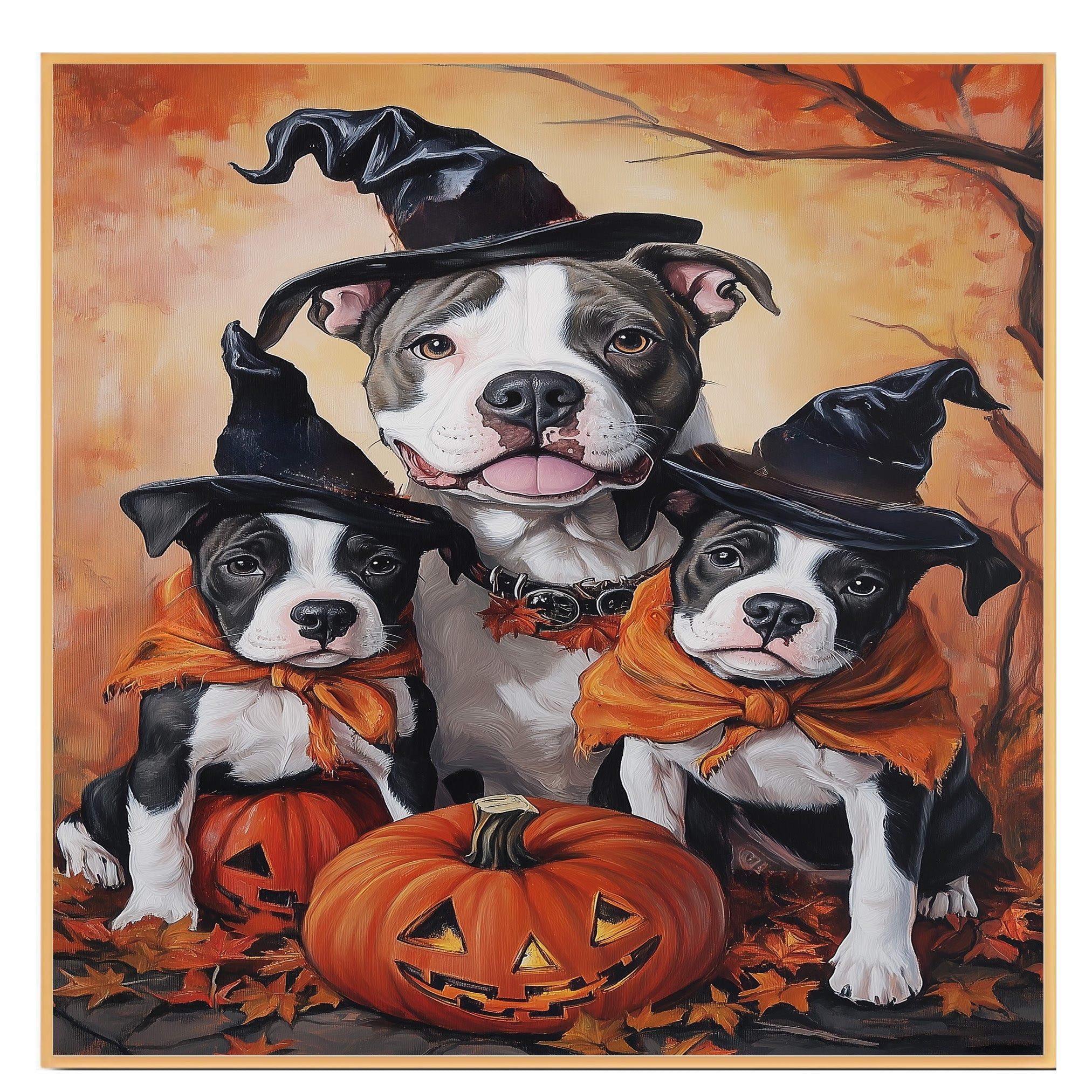 Pitbull Dog Halloween Canvas Wall Art with Pumpkins Autumn Home Decoration and Thanksgiving Gift for Pet Lovers on Ready to Hang 1.5" Thick Canvas Wrap, Floating Framed Canvas, Flat Rolled Canvas