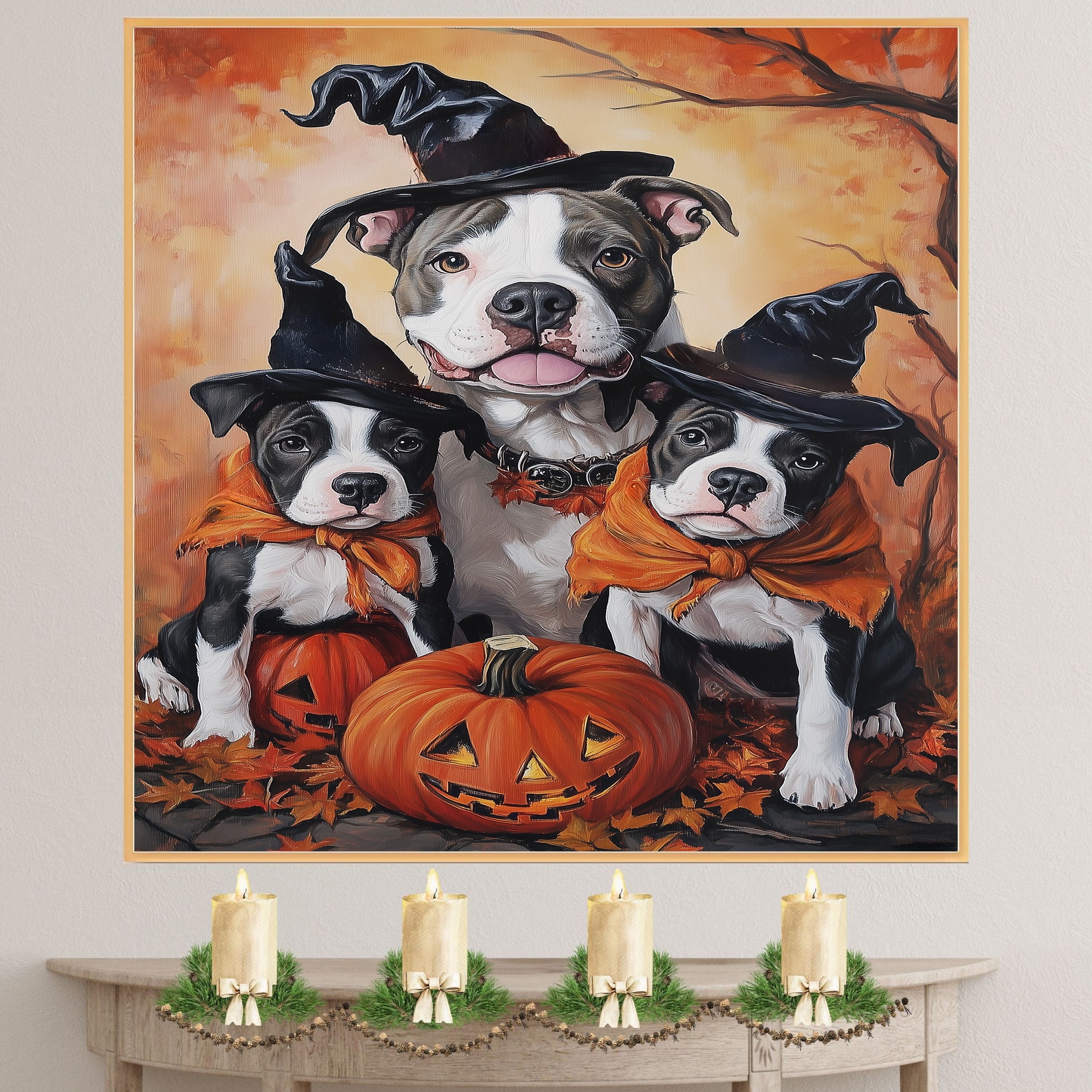 Pitbull Dog Halloween Canvas Wall Art with Pumpkins Autumn Home Decoration and Thanksgiving Gift for Pet Lovers on Ready to Hang 1.5" Thick Canvas Wrap, Floating Framed Canvas, Flat Rolled Canvas