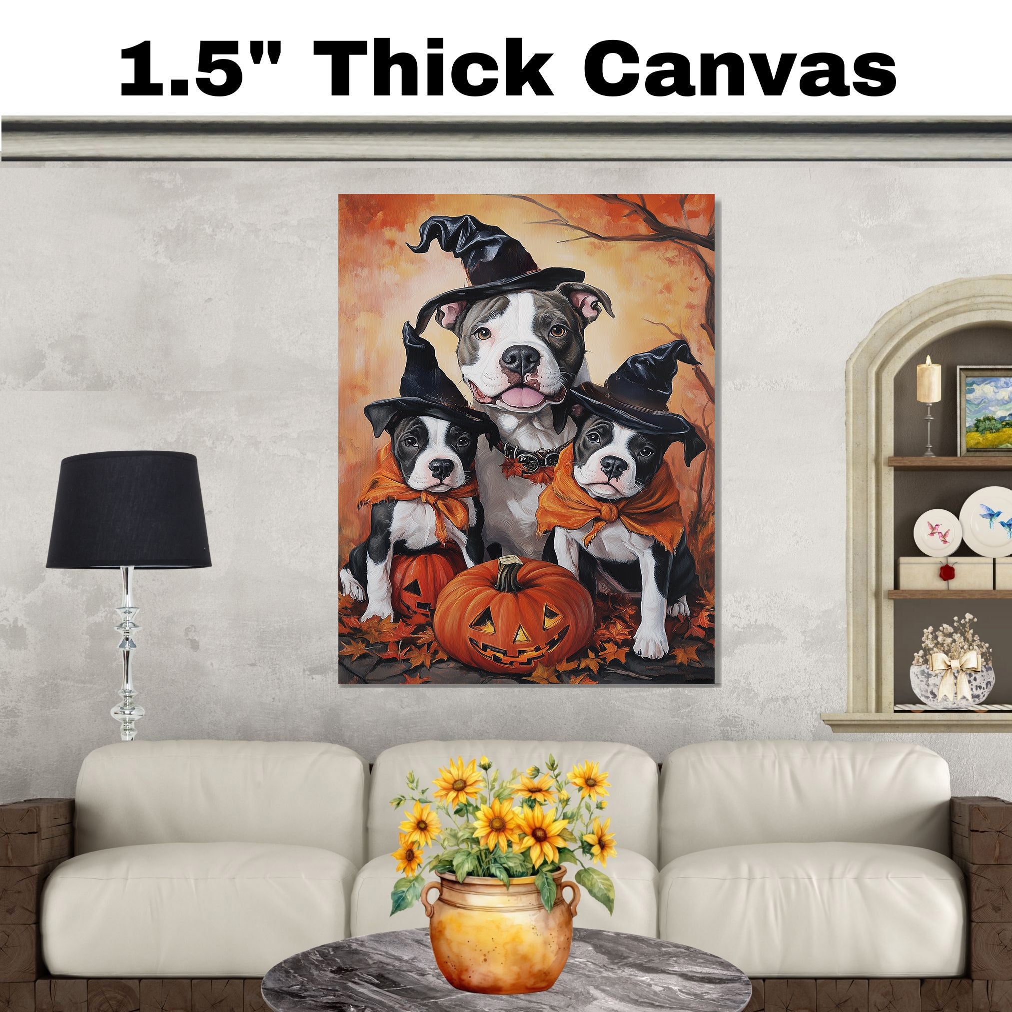 Pitbull Dog Halloween Canvas Wall Art with Pumpkins Autumn Home Decoration and Thanksgiving Gift for Pet Lovers on Ready to Hang 1.5" Thick Canvas Wrap, Floating Framed Canvas, Flat Rolled Canvas