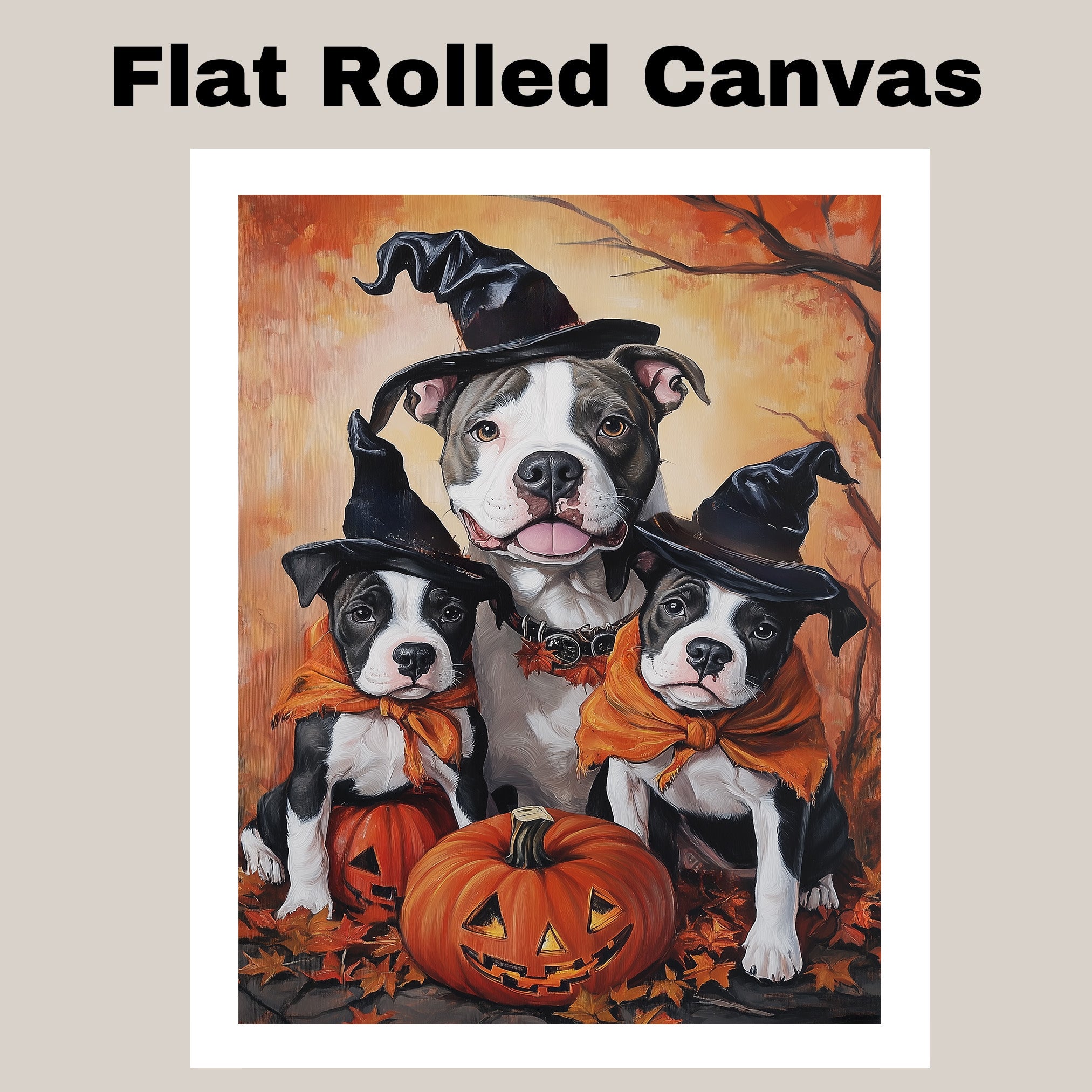 Pitbull Dog Halloween Canvas Wall Art with Pumpkins Autumn Home Decoration and Thanksgiving Gift for Pet Lovers on Ready to Hang 1.5" Thick Canvas Wrap, Floating Framed Canvas, Flat Rolled Canvas
