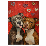 Pitbull Dog Couple with Hanging Hearts Playful Romantic Artwork for Dog Lovers and Rustic Cozy Home Decor on Ready to Hang 1.5" Thick Canvas Wrap, Floating Framed Canvas, Flat Rolled Canvas