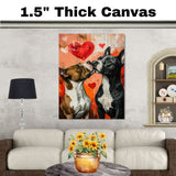 Pitbull Dog Couple Kissing with Hearts Playful Romantic Artwork for Dog Lovers and Cozy Rustic Decor on Ready to Hang 1.5" Thick Canvas Wrap, Floating Framed Canvas, Flat Rolled Canvas