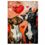 Pitbull Dog Couple Kissing with Hearts Playful Romantic Artwork for Dog Lovers and Cozy Rustic Decor on Ready to Hang 1.5" Thick Canvas Wrap, Floating Framed Canvas, Flat Rolled Canvas