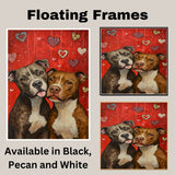 Pitbull Dog Couple with Hanging Hearts Playful Romantic Artwork for Dog Lovers and Rustic Cozy Home Decor on Ready to Hang 1.5" Thick Canvas Wrap, Floating Framed Canvas, Flat Rolled Canvas