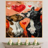 Pitbull Dog Couple Kissing with Hearts Playful Romantic Artwork for Dog Lovers and Cozy Rustic Decor on Ready to Hang 1.5" Thick Canvas Wrap, Floating Framed Canvas, Flat Rolled Canvas