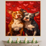 Pitbull Dog Couple with Red Heart Background Romantic Pet Artwork for Dog Lovers and Rustic Home Decor on Ready to Hang 1.5" Thick Canvas Wrap, Floating Framed Canvas, Flat Rolled Canvas