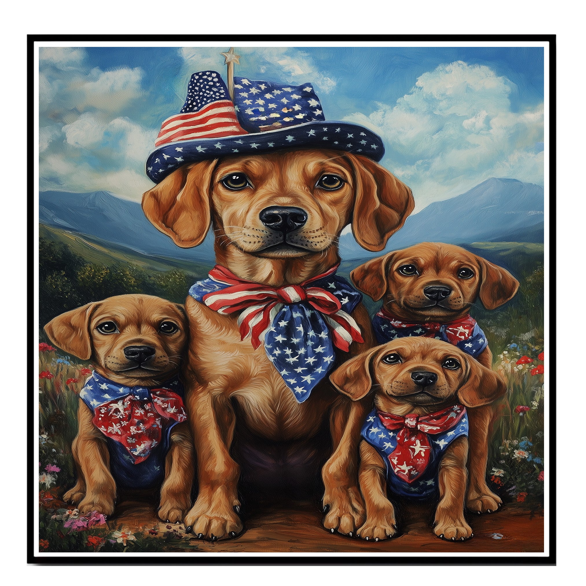 Patriotic Plott Hound Dog Family in American Flag Bandanas and Hats Celebrating Independence Day in Scenic Mountains on Ready to Hang 1.5" Thick Canvas Wrap, Floating Framed Canvas, Flat Rolled Canvas