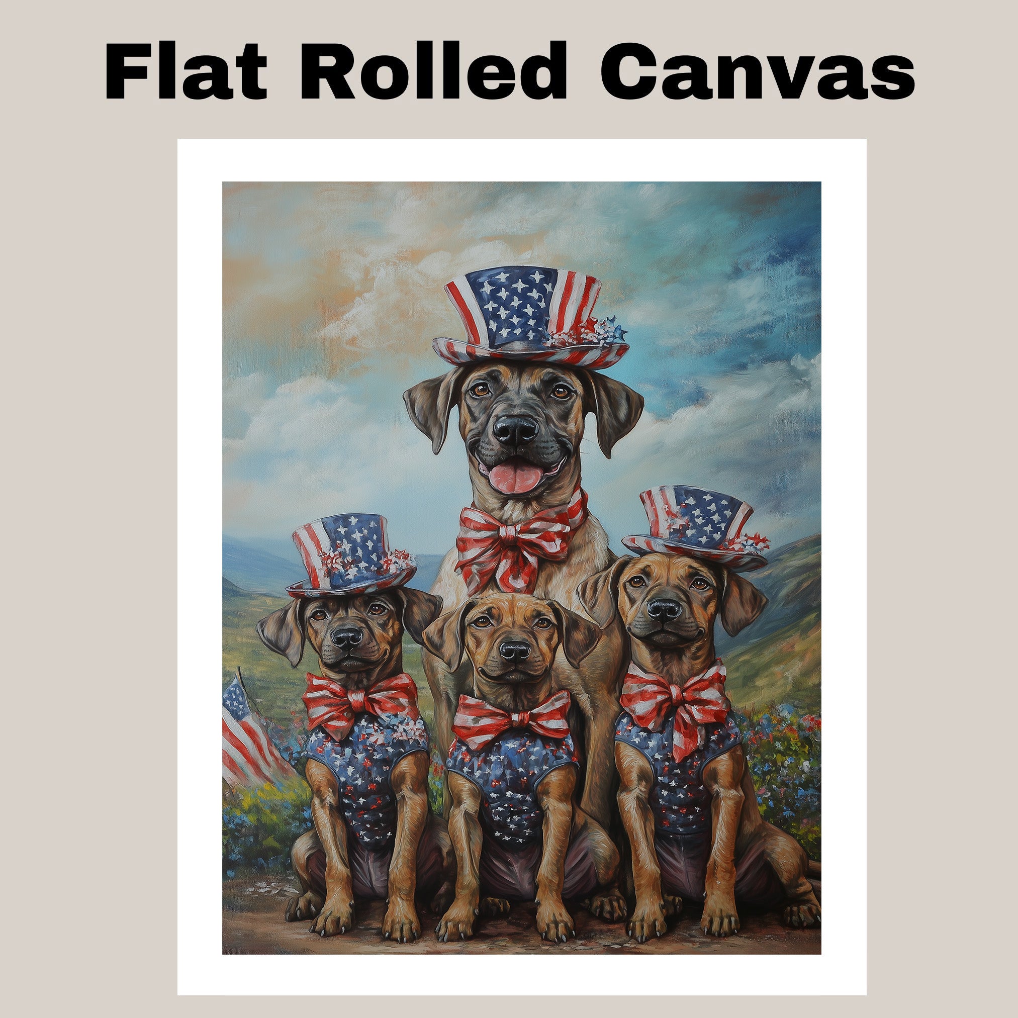 Plott Hound Dog Family in Patriotic Outfits and Top Hats Celebrating Independence Day in a Scenic Countryside on Ready to Hang 1.5" Thick Canvas Wrap, Floating Framed Canvas, Flat Rolled Canvas