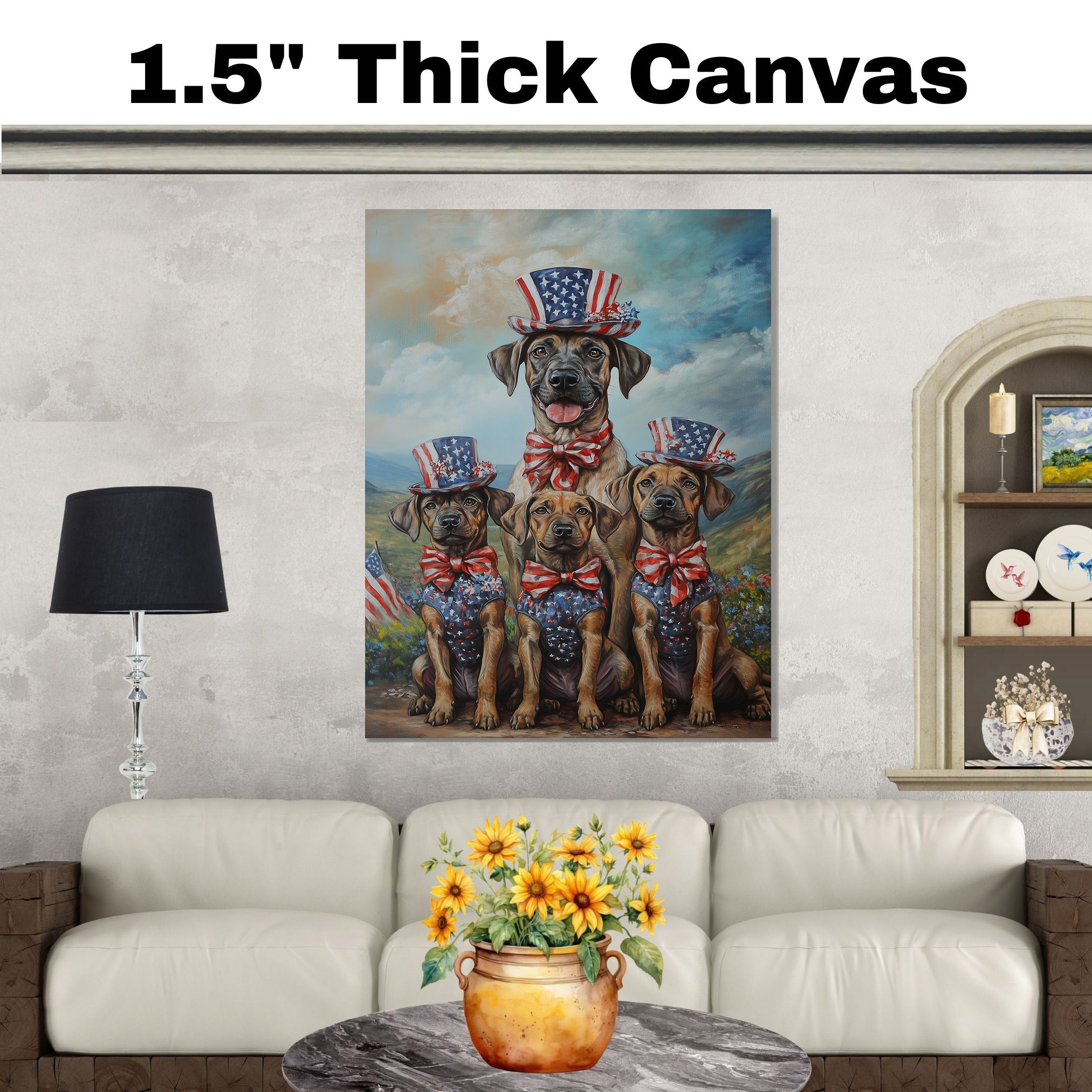 Plott Hound Dog Family in Patriotic Outfits and Top Hats Celebrating Independence Day in a Scenic Countryside on Ready to Hang 1.5" Thick Canvas Wrap, Floating Framed Canvas, Flat Rolled Canvas