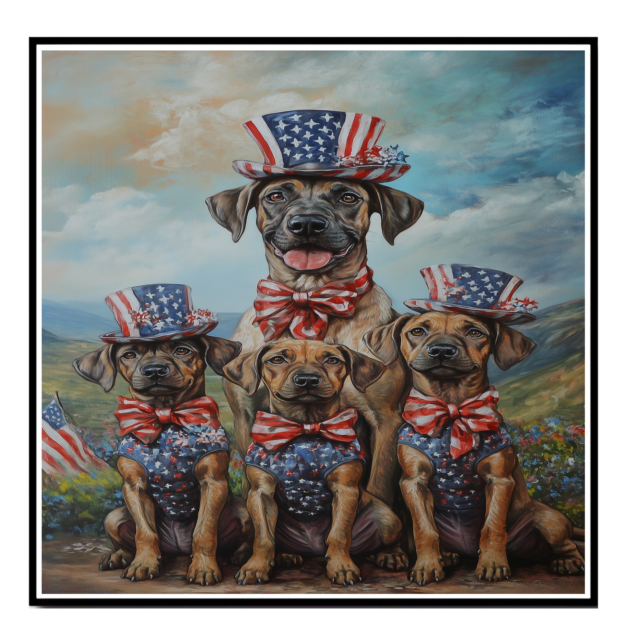 Plott Hound Dog Family in Patriotic Outfits and Top Hats Celebrating Independence Day in a Scenic Countryside on Ready to Hang 1.5" Thick Canvas Wrap, Floating Framed Canvas, Flat Rolled Canvas