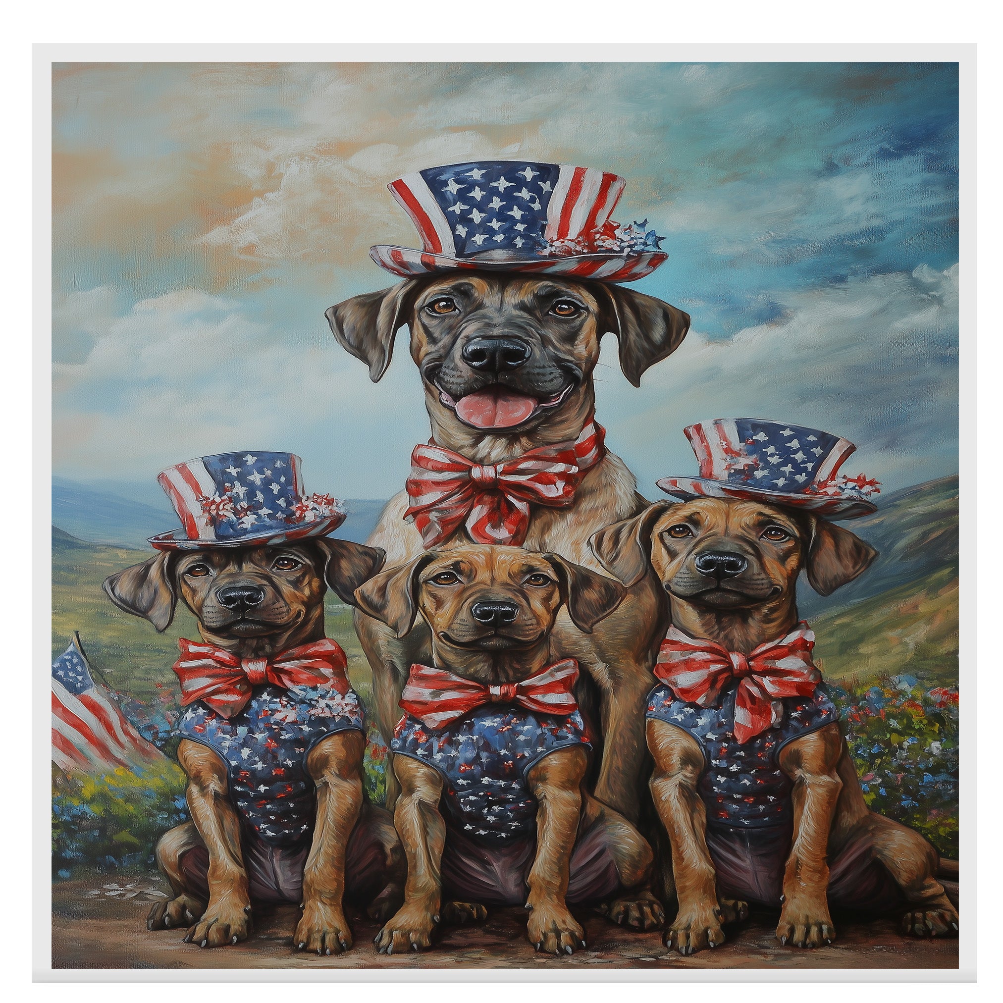 Plott Hound Dog Family in Patriotic Outfits and Top Hats Celebrating Independence Day in a Scenic Countryside on Ready to Hang 1.5" Thick Canvas Wrap, Floating Framed Canvas, Flat Rolled Canvas