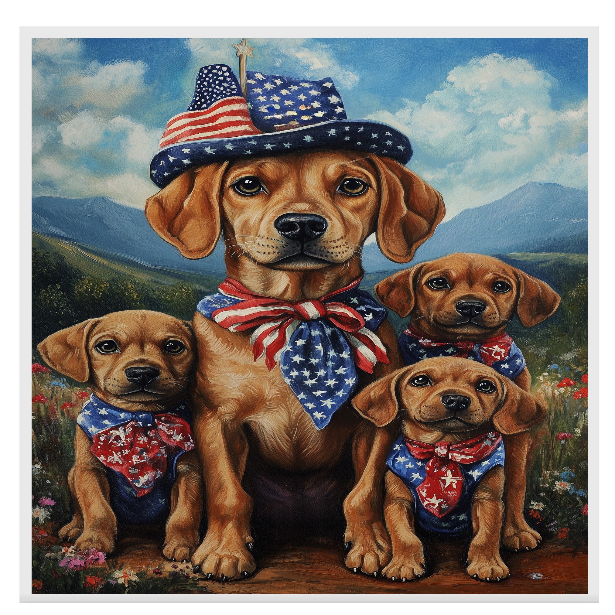 Patriotic Plott Hound Dog Family in American Flag Bandanas and Hats Celebrating Independence Day in Scenic Mountains on Ready to Hang 1.5" Thick Canvas Wrap, Floating Framed Canvas, Flat Rolled Canvas