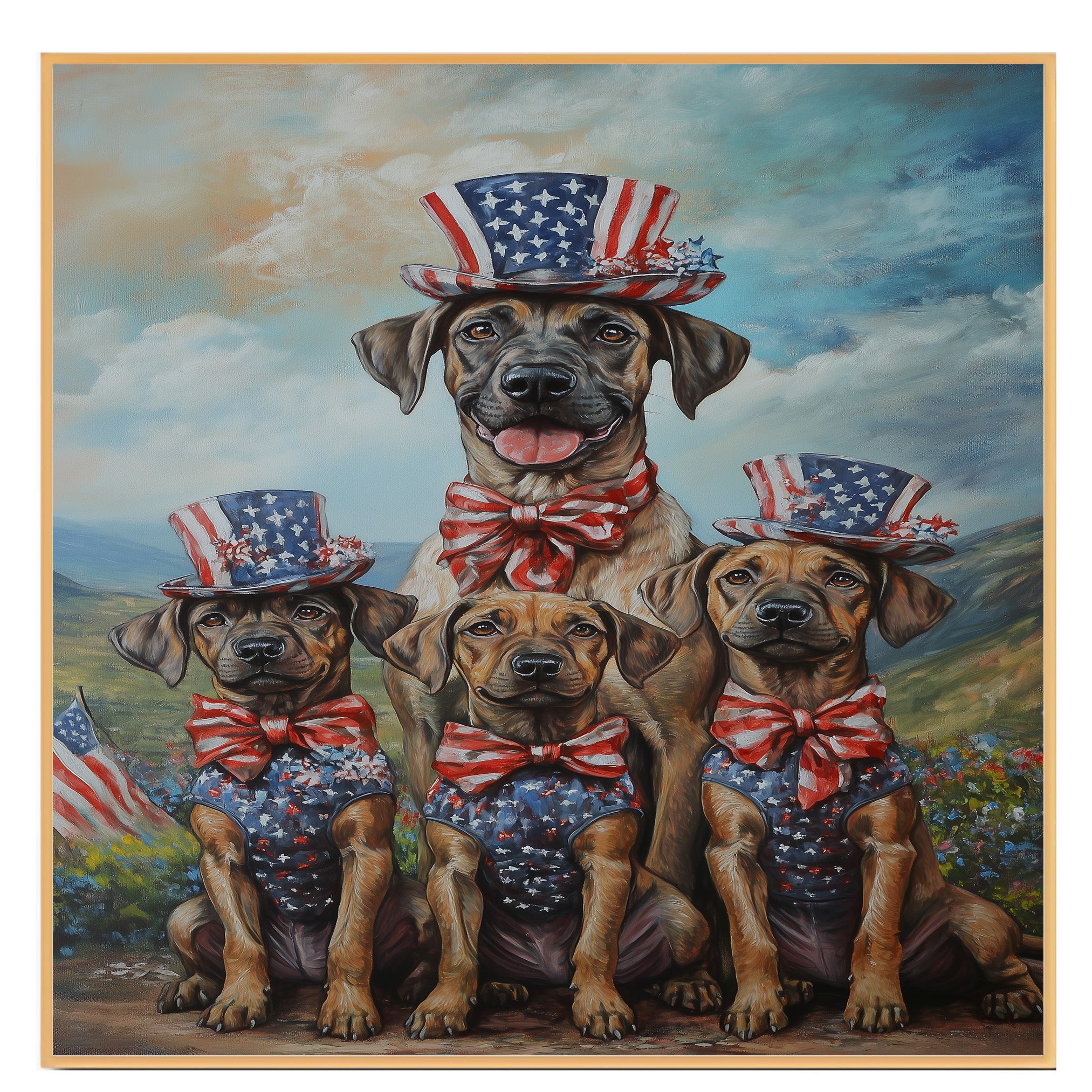 Plott Hound Dog Family in Patriotic Outfits and Top Hats Celebrating Independence Day in a Scenic Countryside on Ready to Hang 1.5" Thick Canvas Wrap, Floating Framed Canvas, Flat Rolled Canvas
