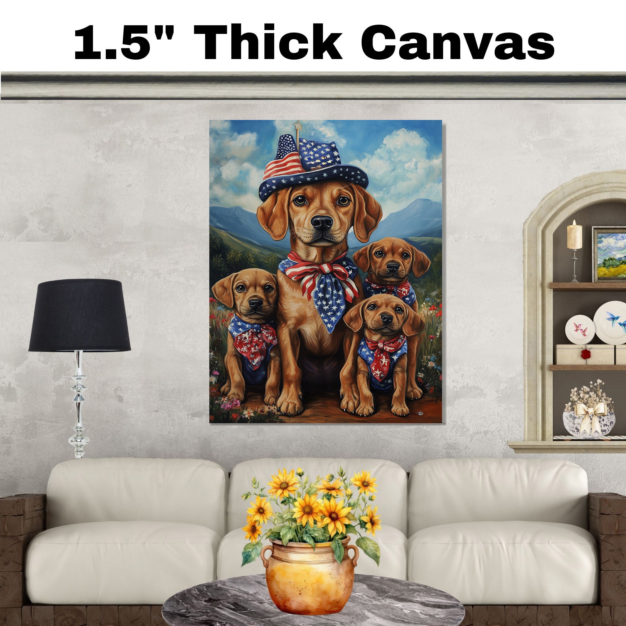 Patriotic Plott Hound Dog Family in American Flag Bandanas and Hats Celebrating Independence Day in Scenic Mountains on Ready to Hang 1.5" Thick Canvas Wrap, Floating Framed Canvas, Flat Rolled Canvas