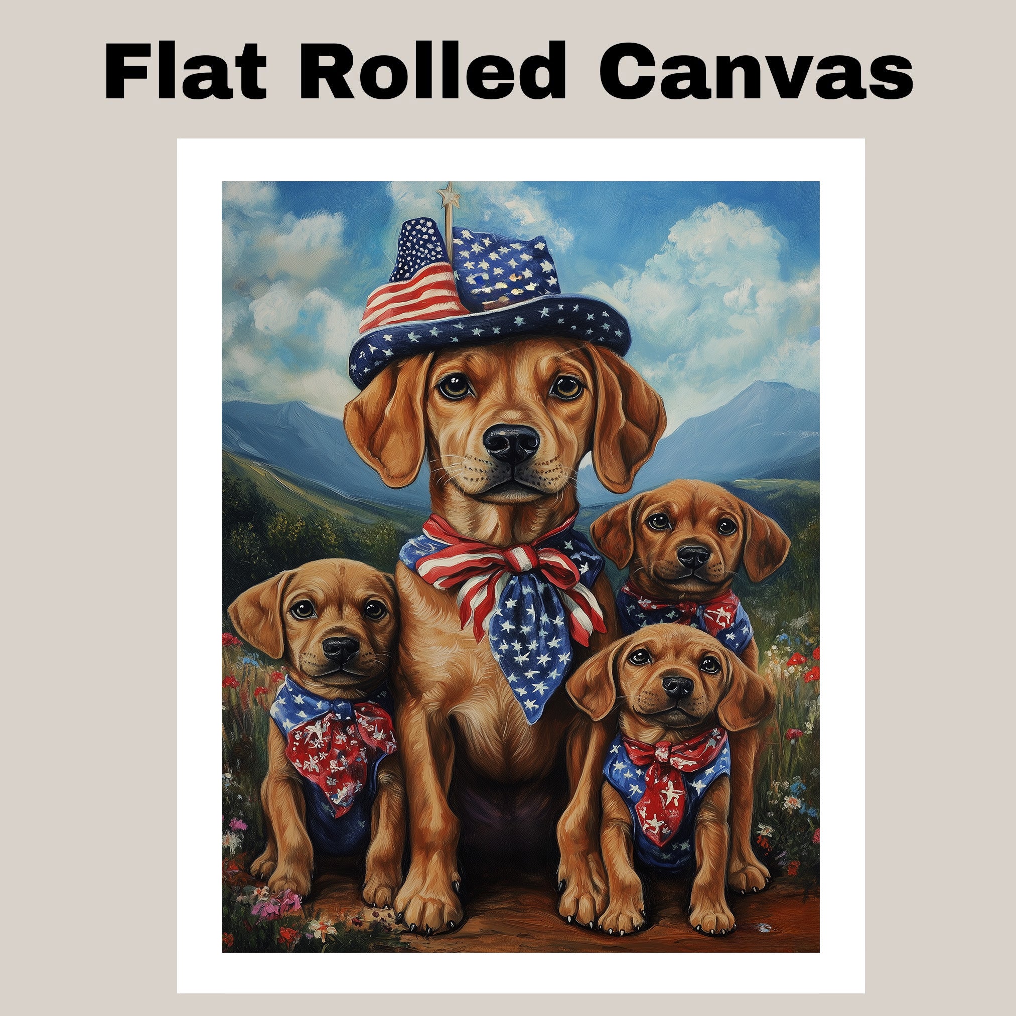 Patriotic Plott Hound Dog Family in American Flag Bandanas and Hats Celebrating Independence Day in Scenic Mountains on Ready to Hang 1.5" Thick Canvas Wrap, Floating Framed Canvas, Flat Rolled Canvas