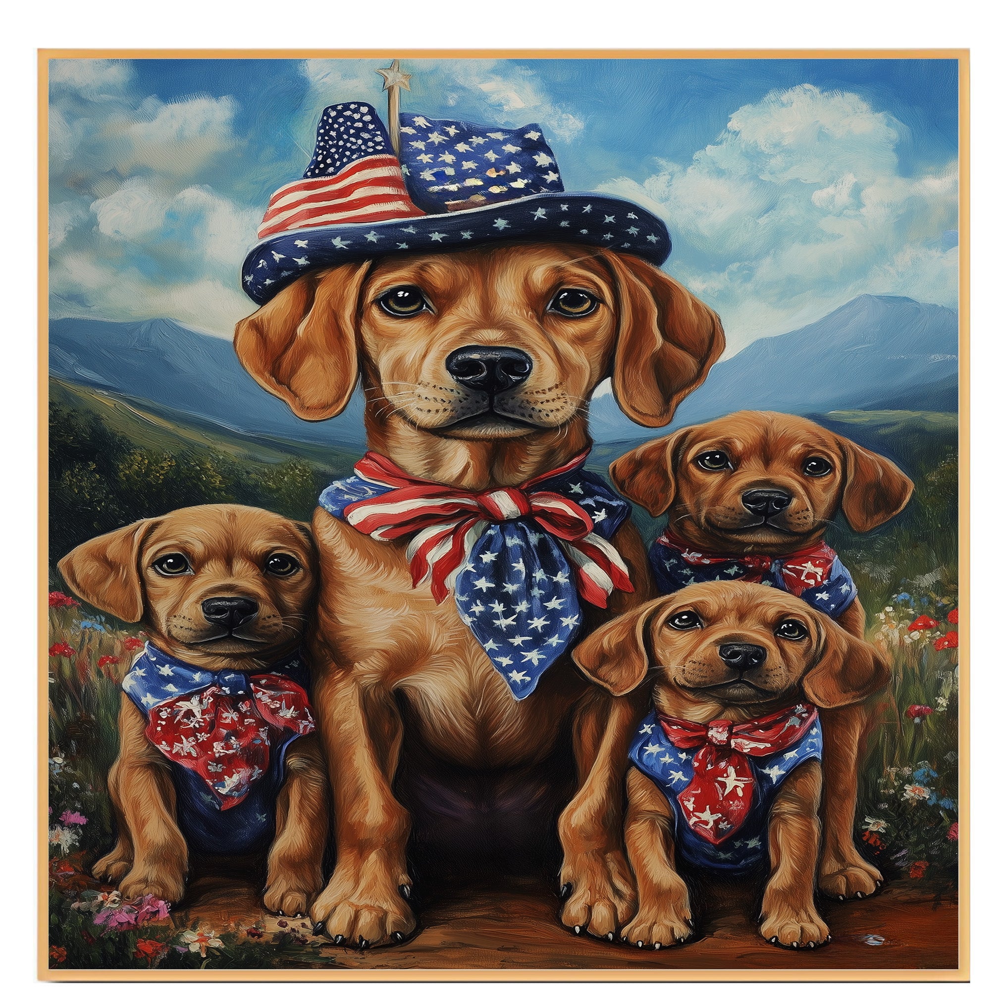 Patriotic Plott Hound Dog Family in American Flag Bandanas and Hats Celebrating Independence Day in Scenic Mountains on Ready to Hang 1.5" Thick Canvas Wrap, Floating Framed Canvas, Flat Rolled Canvas