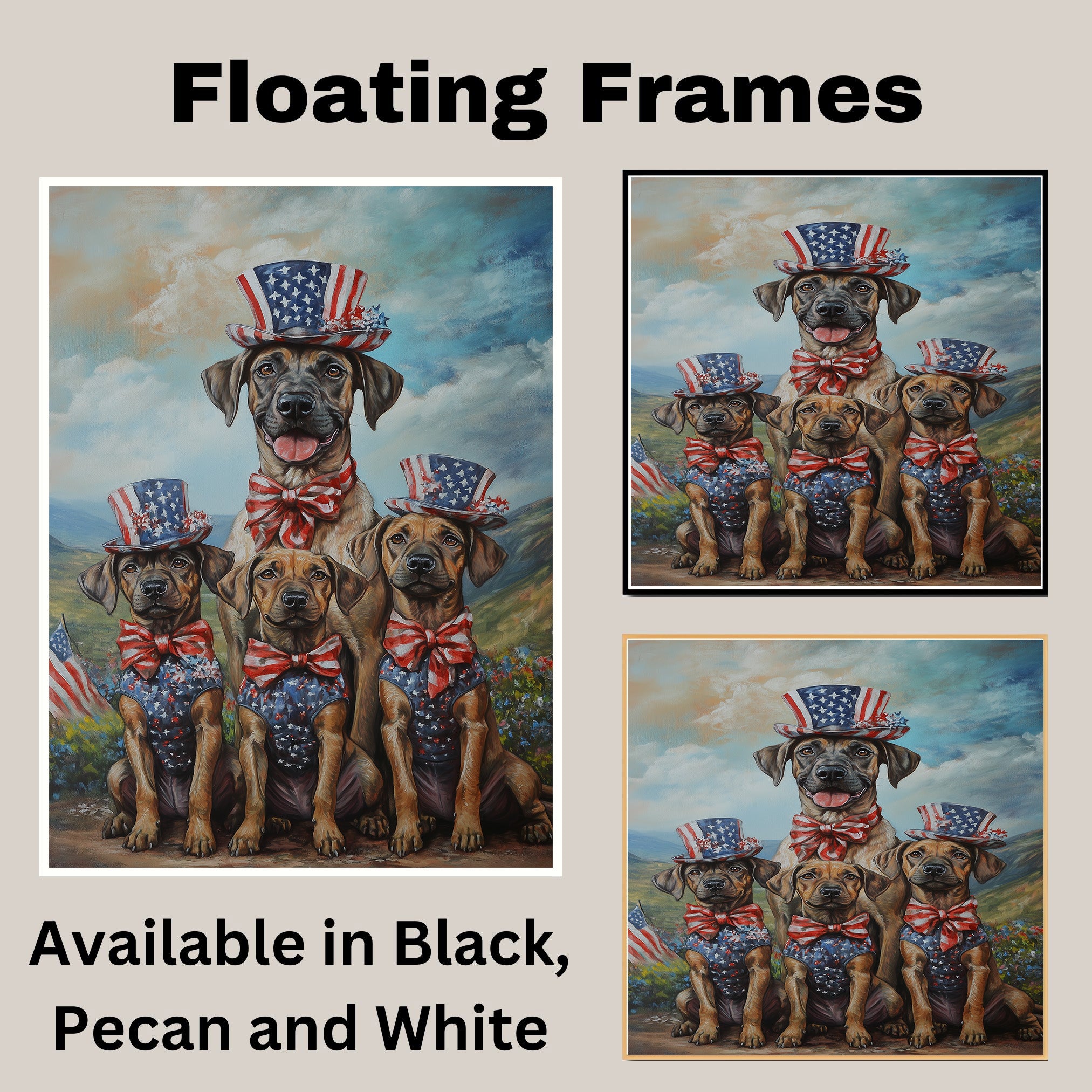 Plott Hound Dog Family in Patriotic Outfits and Top Hats Celebrating Independence Day in a Scenic Countryside on Ready to Hang 1.5" Thick Canvas Wrap, Floating Framed Canvas, Flat Rolled Canvas