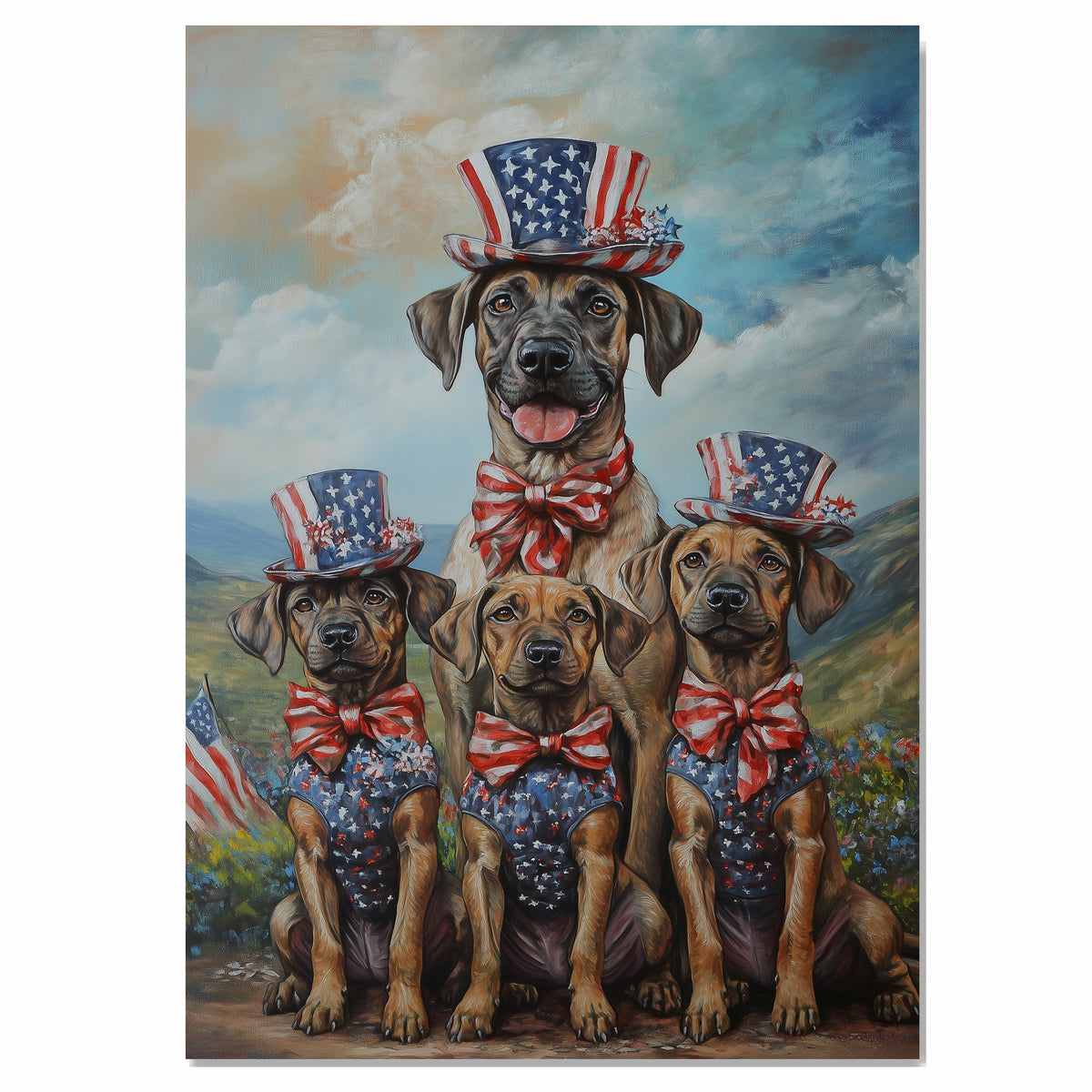 Plott Hound Dog Family in Patriotic Outfits and Top Hats Celebrating Independence Day in a Scenic Countryside on Ready to Hang 1.5" Thick Canvas Wrap, Floating Framed Canvas, Flat Rolled Canvas