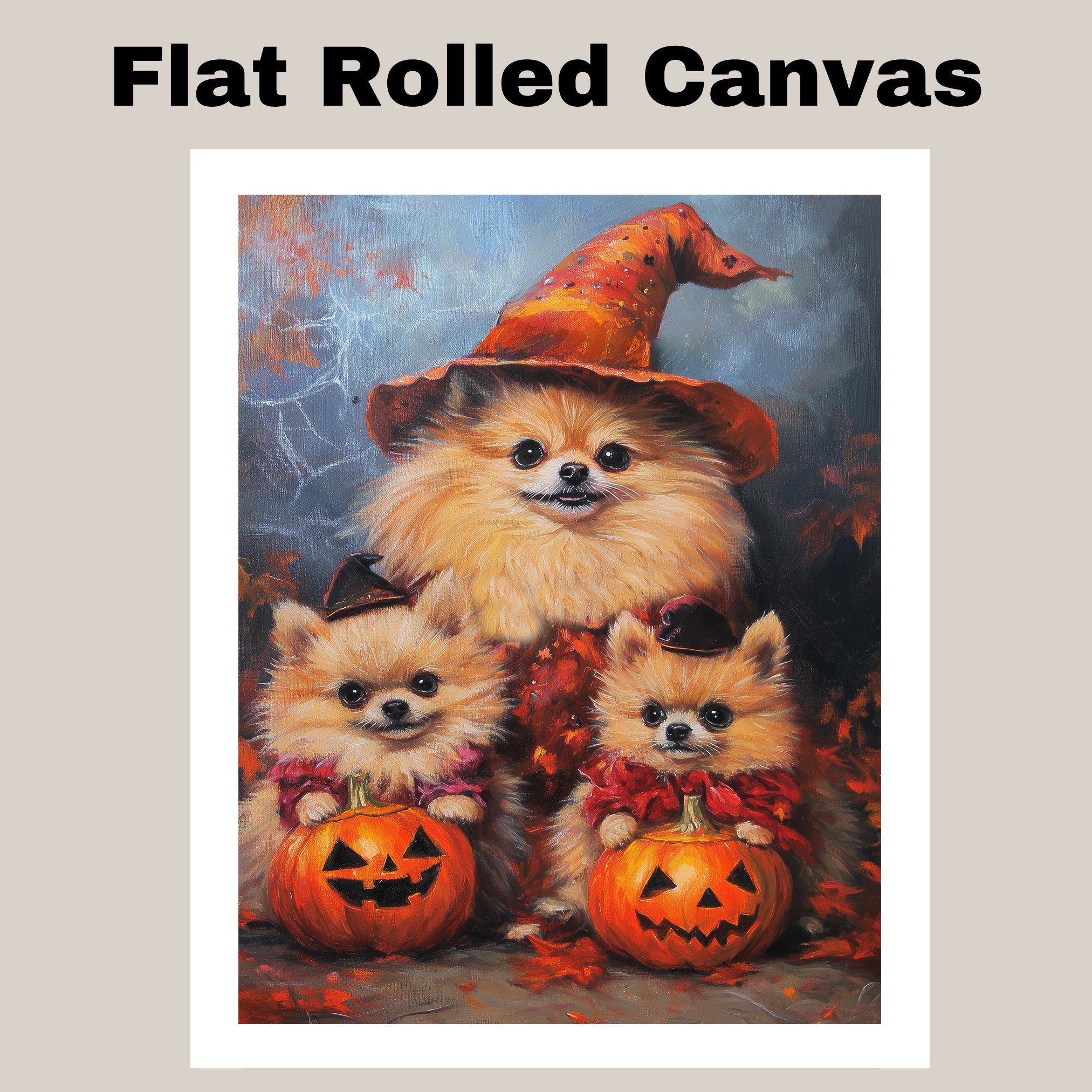 Halloween Pomeranian Dog Wall Art with Pumpkins Rustic Fall Canvas for Farmhouse Home Decor and Dog Lover Gifts on Ready to Hang 1.5" Thick Canvas Wrap, Floating Framed Canvas, Flat Rolled Canvas