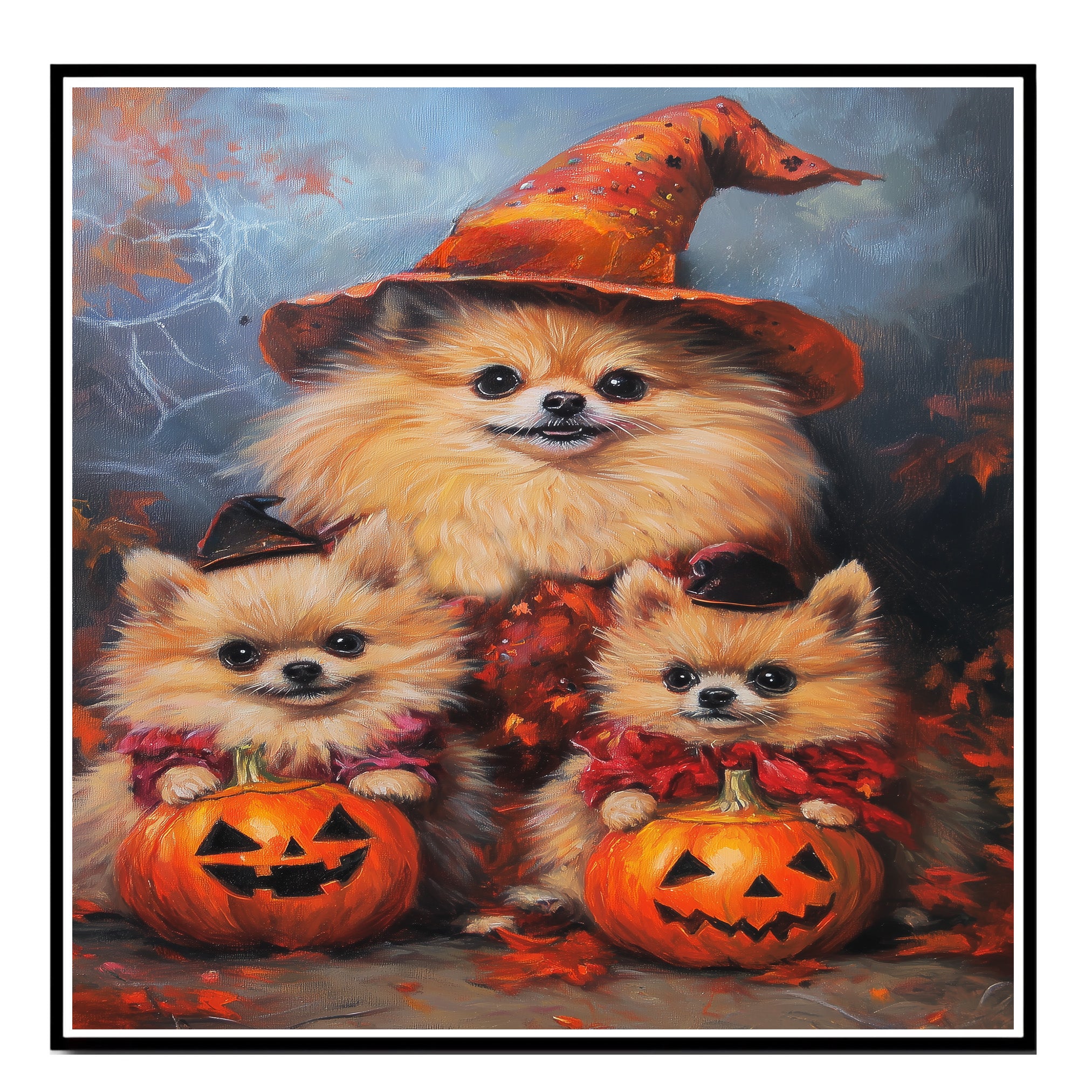 Halloween Pomeranian Dog Wall Art with Pumpkins Rustic Fall Canvas for Farmhouse Home Decor and Dog Lover Gifts on Ready to Hang 1.5" Thick Canvas Wrap, Floating Framed Canvas, Flat Rolled Canvas