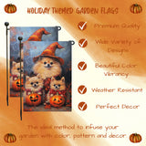 Pomeranian Halloween Fall Garden Flag for Outside Spooky Welcome Witch Hat Yard Flags for Pet Lover Fall Thanksgiving Farmhouse Decoration for Lawn Pathway